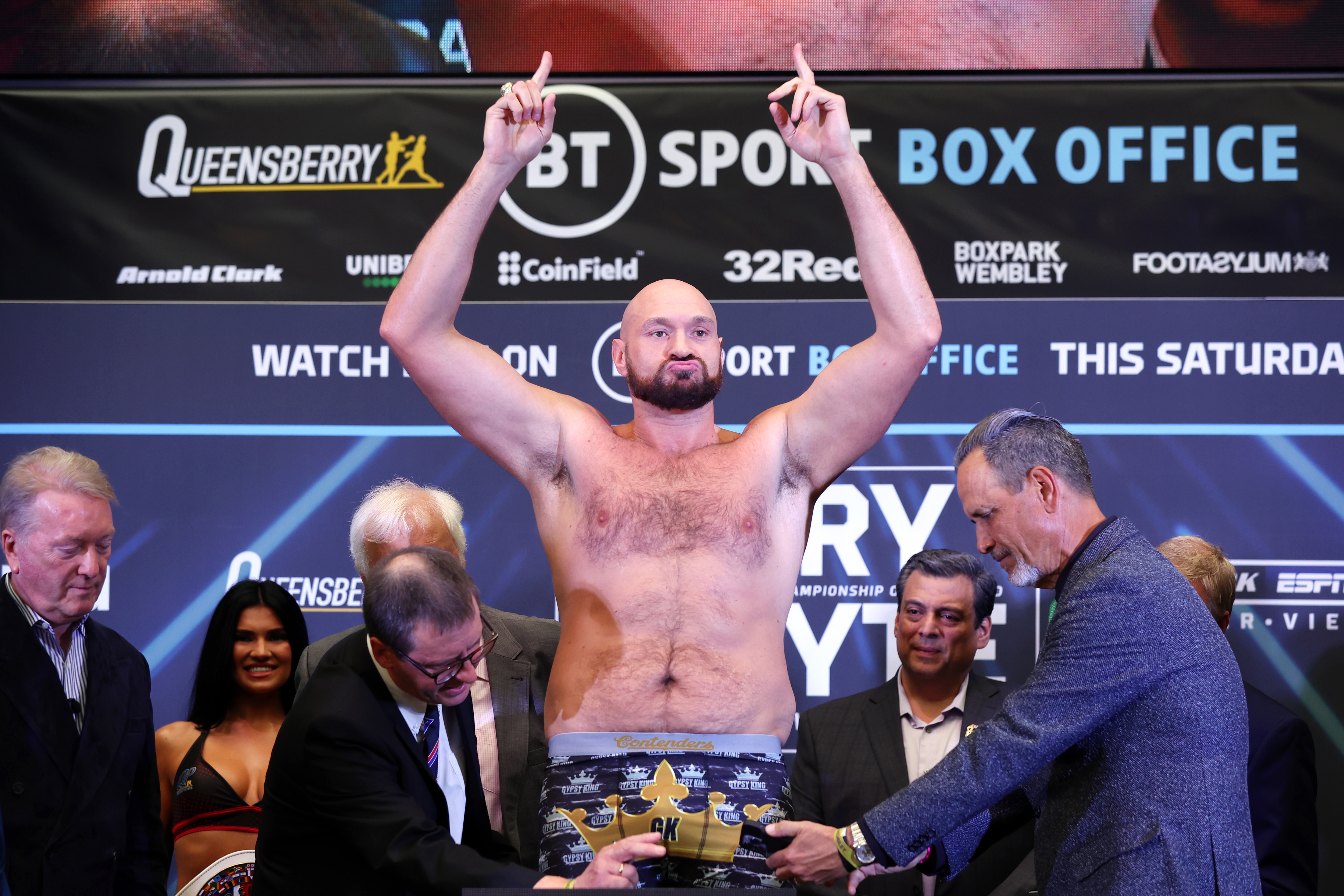 LONDON, ENGLAND - APRIL 22: Tyson Fury of Great Britain poses during the weigh-in ahead of the heavyweight boxing match between Tyson Fury and Dillian Whyte at BOXPARK on April 22, 2022 in London, England. (Photo by Julian Finney/Getty Images)