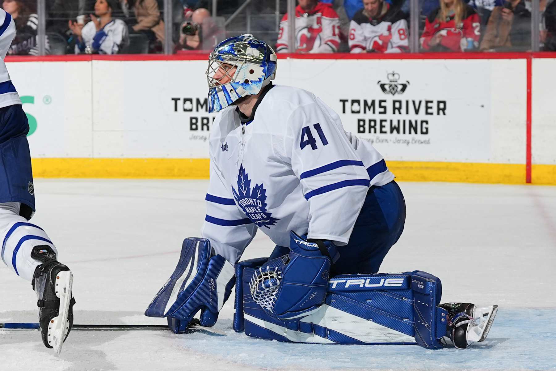 NEWARK, NJ - DECEMBER 10: Anthony Stolarz #41 of the Toronto Maple Leafs defends his net in the third period of the game against the New Jersey Devils at the Prudential Center on December 10, 2024 in Newark, New Jersey.  (Photo by Rich Graessle/NHLI via Getty Images)