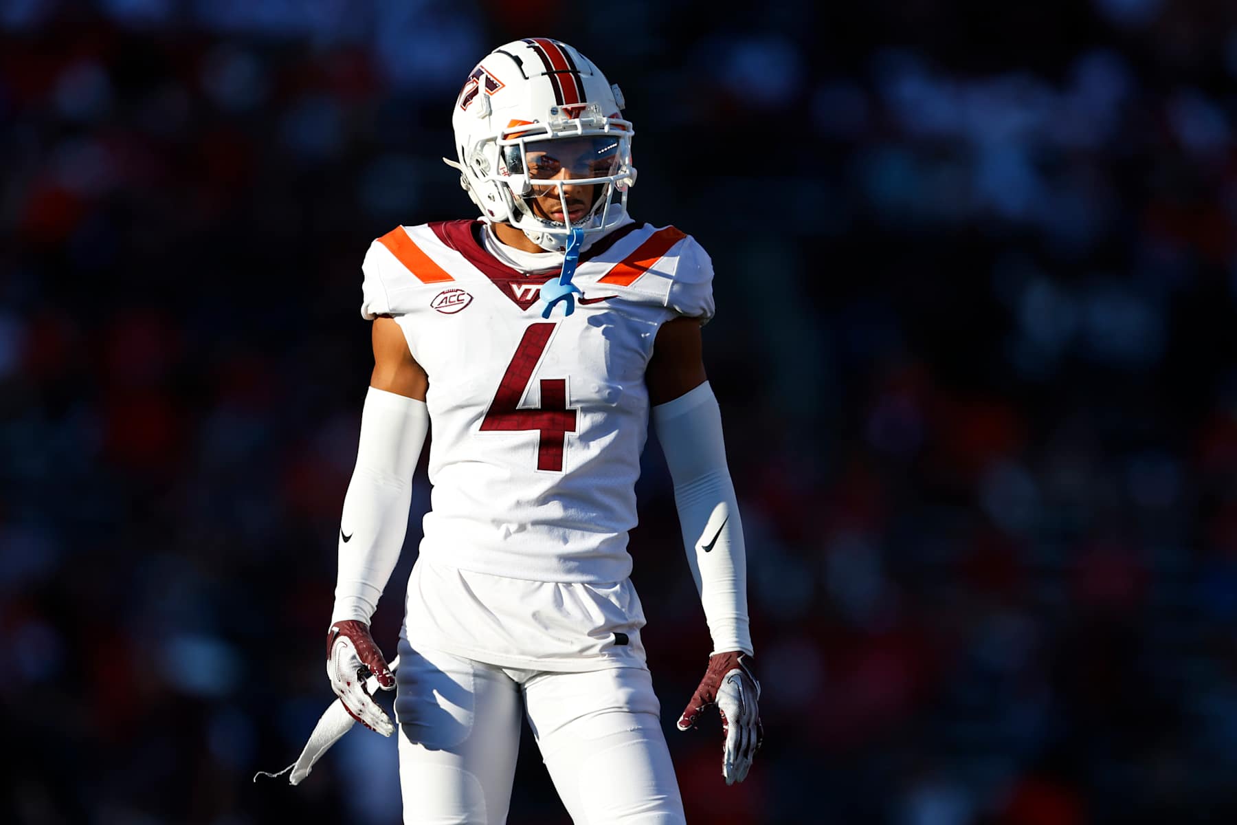 PISCATAWAY, NEW JERSEY - SEPTEMBER 16:  Cornerback Mansoor Delane #4 of the Virginia Tech Hokies in action against the Rutgers Scarlet Knights during a college football game at SHI Stadium on September 16, 2023 in Piscataway, New Jersey. (Photo by Rich Schultz/Getty Images)
