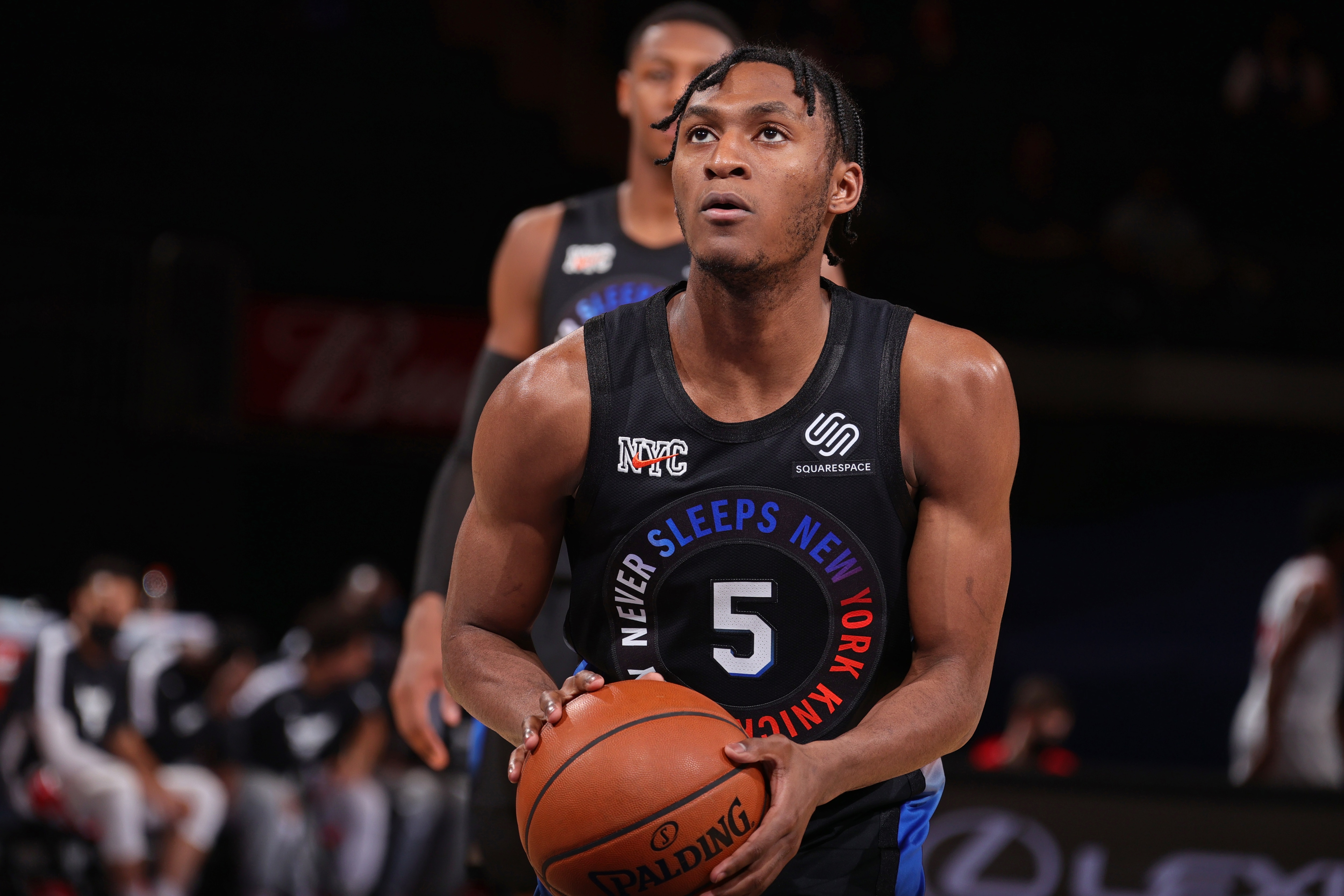 NEW YORK, NY - APRIL 28: Immanuel Quickley #5 of the New York Knicks shoots a foul shot against the Chicago Bulls on April 28, 2021 at Madison Square Garden in New York City, New York.  NOTE TO USER: User expressly acknowledges and agrees that, by downloading and or using this photograph, User is consenting to the terms and conditions of the Getty Images License Agreement. Mandatory Copyright Notice: Copyright 2021 NBAE  (Photo by Nathaniel S. Butler/NBAE via Getty Images)