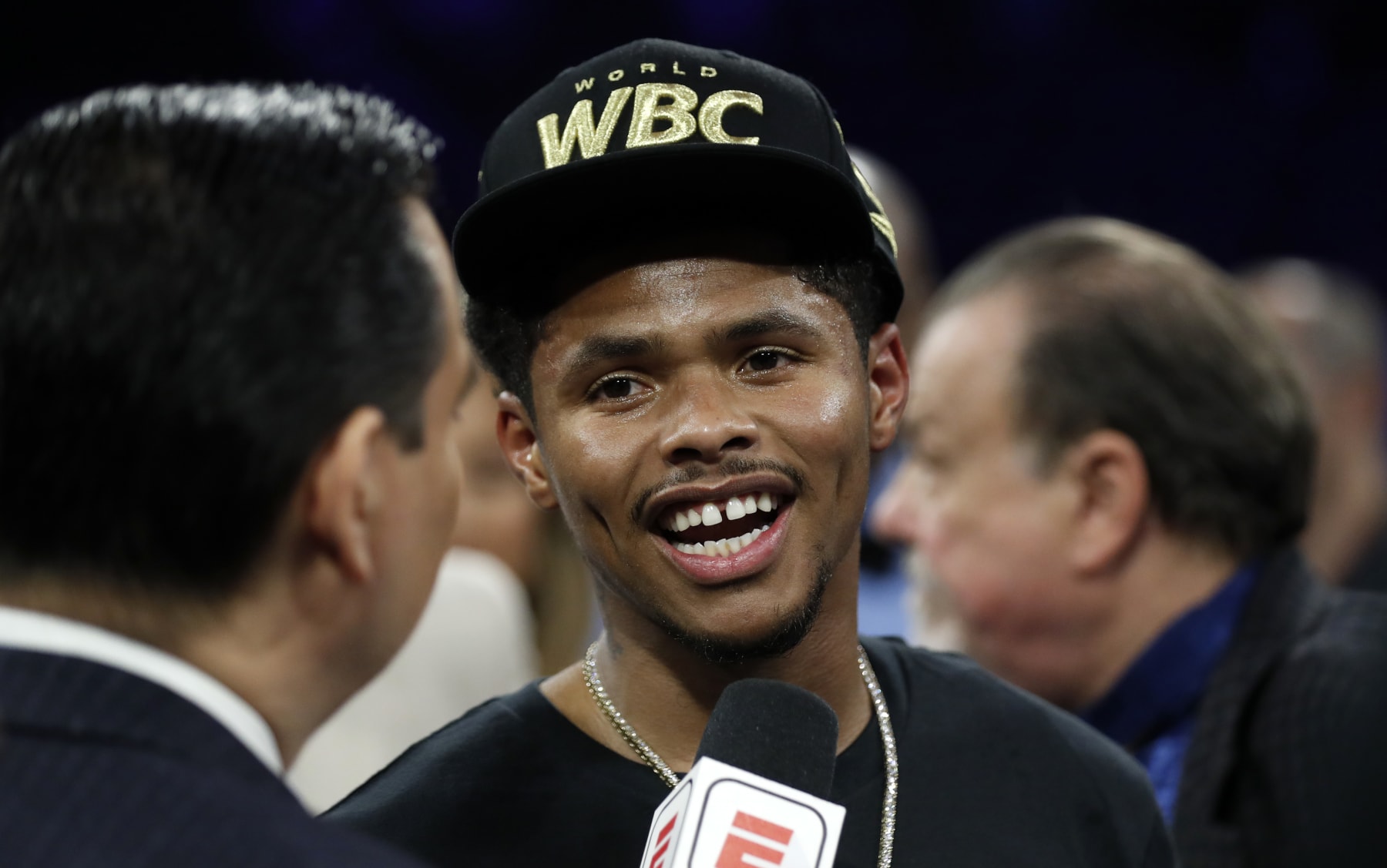 LAS VEGAS, NEVADA - NOVEMBER 16: Shakur Stevenson is interviewed in the ring after defeating Edwin De Los Santos in a fight for a vacant WBC lightweight title on November 16, 2023 in Las Vegas, Nevada. Stevenson won the vacant title by unanimous decision. (Photo by Steve Marcus/Getty Images)