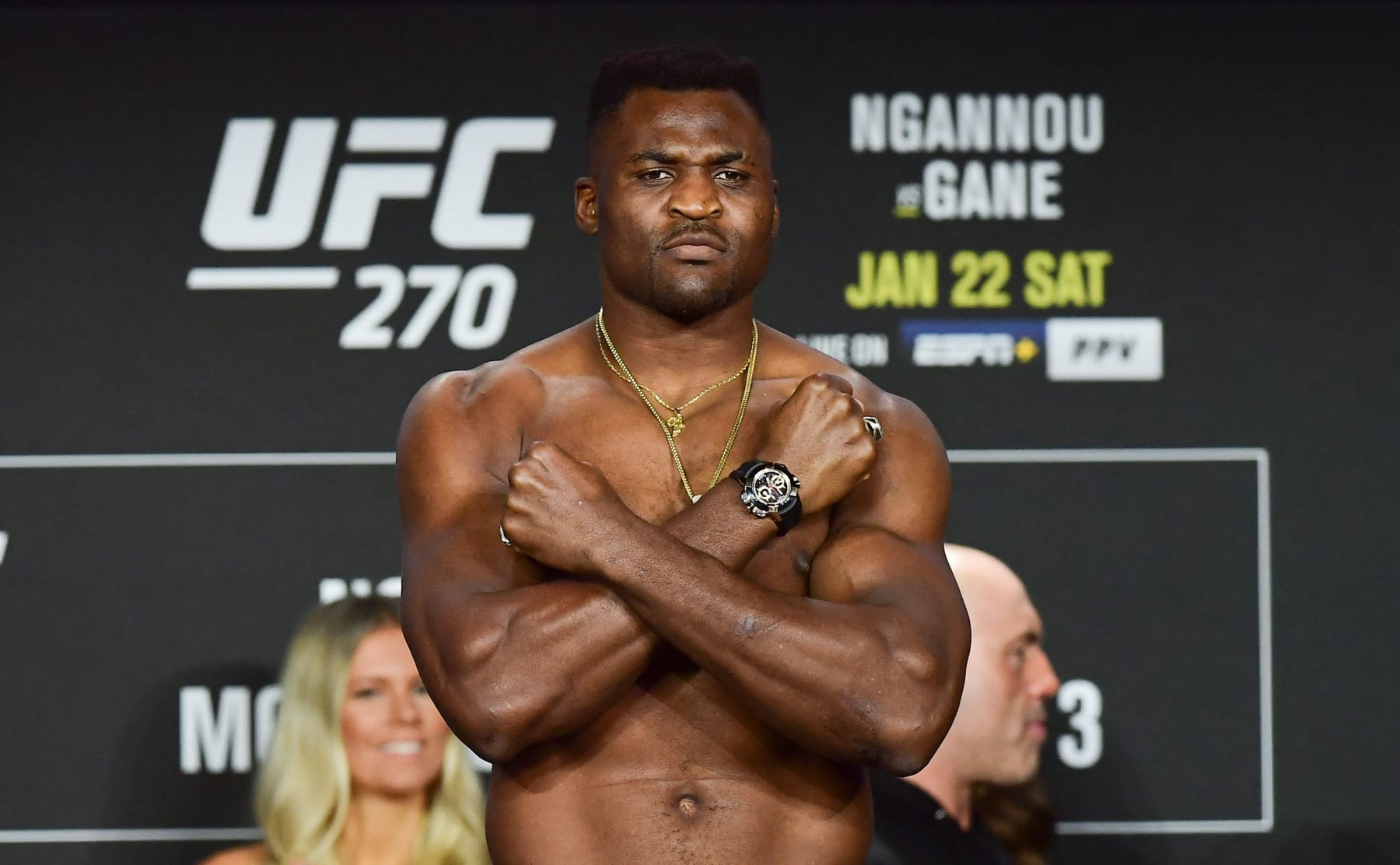 Reigning UFC Heavyweight Champion French Cameroonian mixed martial artist Francis Ngannou crosses his arms on his chest during weigh-in at the Anaheim Convention Center in Anaheim, California on January 21, 2022. (Photo by FREDERIC J. BROWN / AFP) (Photo by FREDERIC J. BROWN/AFP via Getty Images)