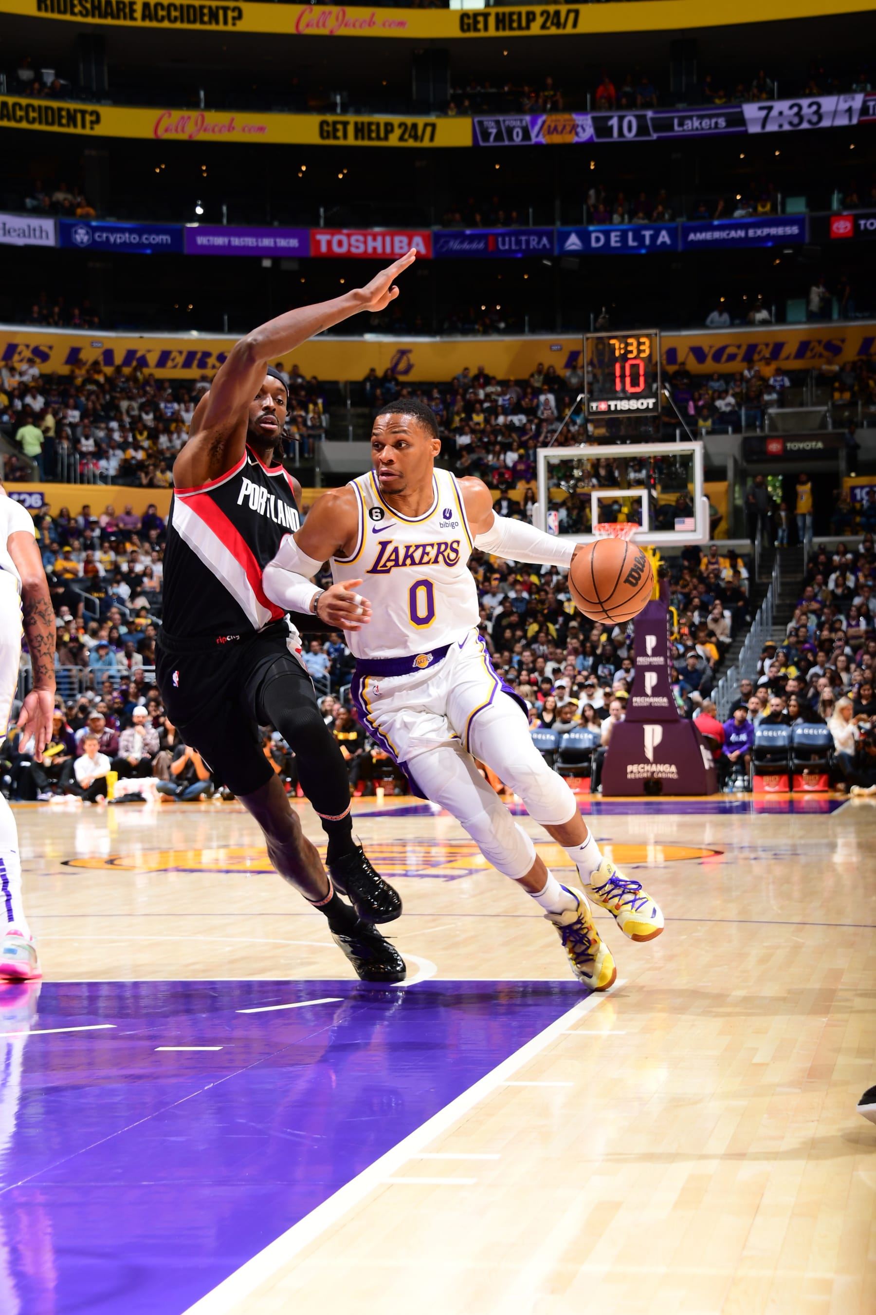 LOS ANGELES, CA - OCTOBER 23: Russell Westbrook #0 of the Los Angeles Lakers drives to the basket during the game against the Portland Trail Blazers on October 23, 2022 at Crypto.Com Arena in Los Angeles, California. NOTE TO USER: User expressly acknowledges and agrees that, by downloading and/or using this Photograph, user is consenting to the terms and conditions of the Getty Images License Agreement. Mandatory Copyright Notice: Copyright 2022 NBAE (Photo by Adam Pantozzi/NBAE via Getty Images)