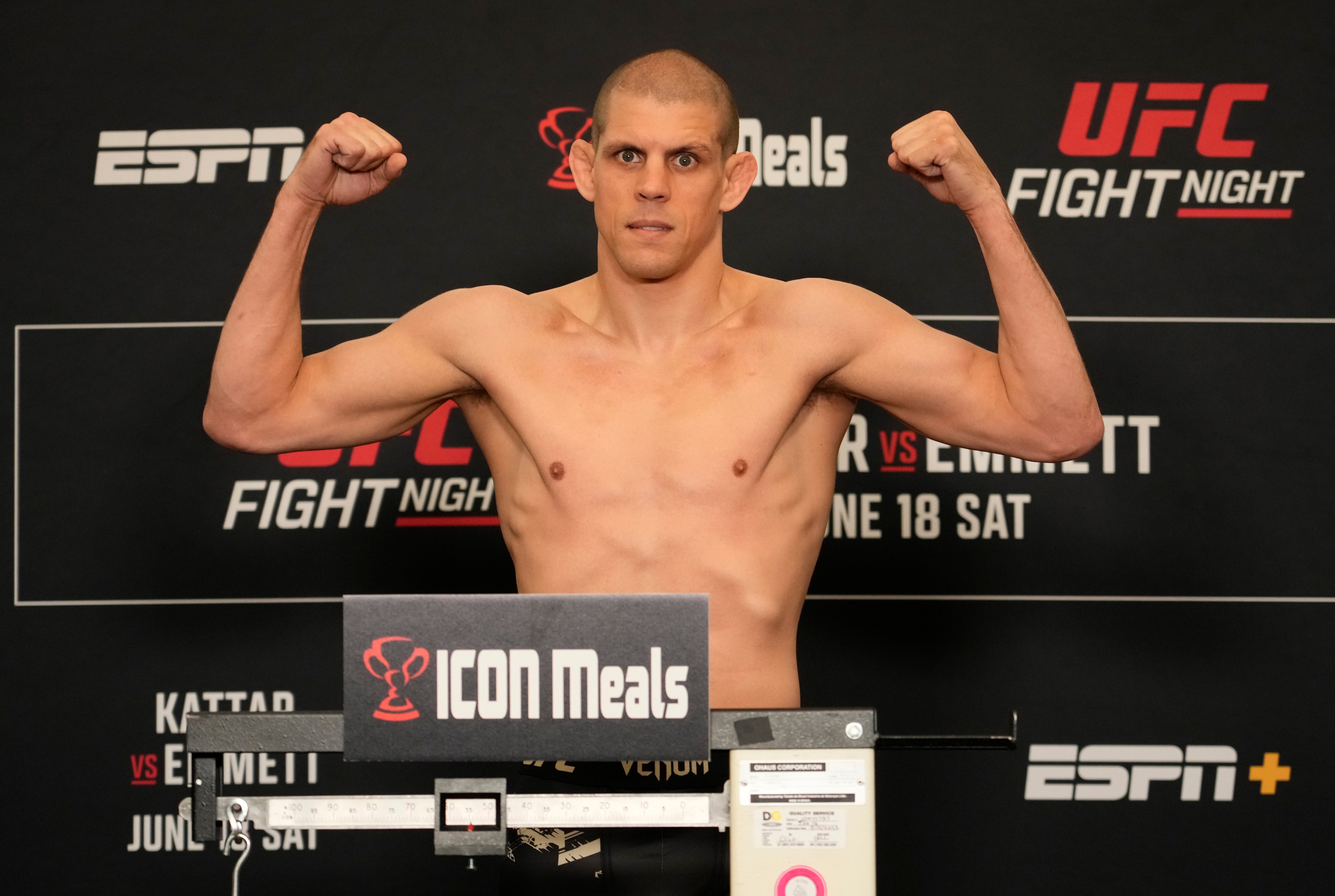 AUSTIN, TEXAS - JUNE 17: Joe Lauzon poses on the scale during the UFC Fight Night official weigh-in at the DoubleTree Hotel on June 17, 2022 in Austin, Texas. (Photo by Mike Roach/Zuffa LLC)