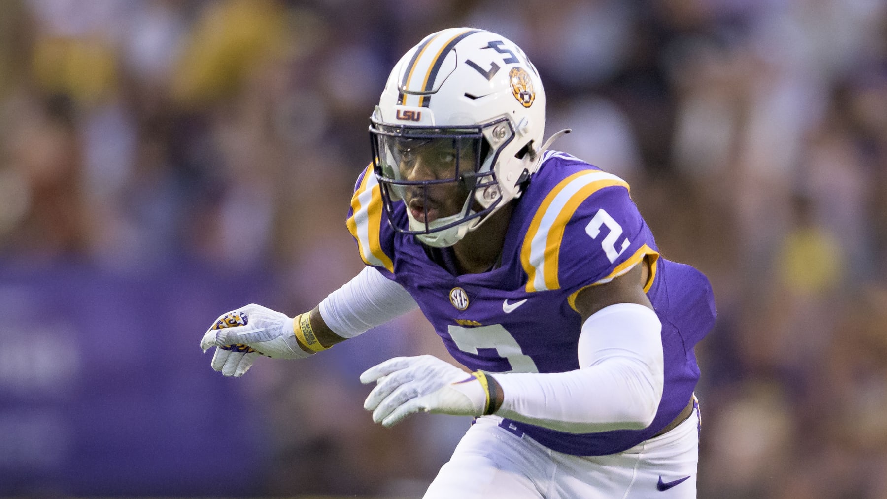 LSU cornerback Mekhi Garner (2) runs during an NCAA football game against New Mexico on Saturday, Sept. 24, 2022, in New Orleans. (AP Photo/Matthew Hinton)
