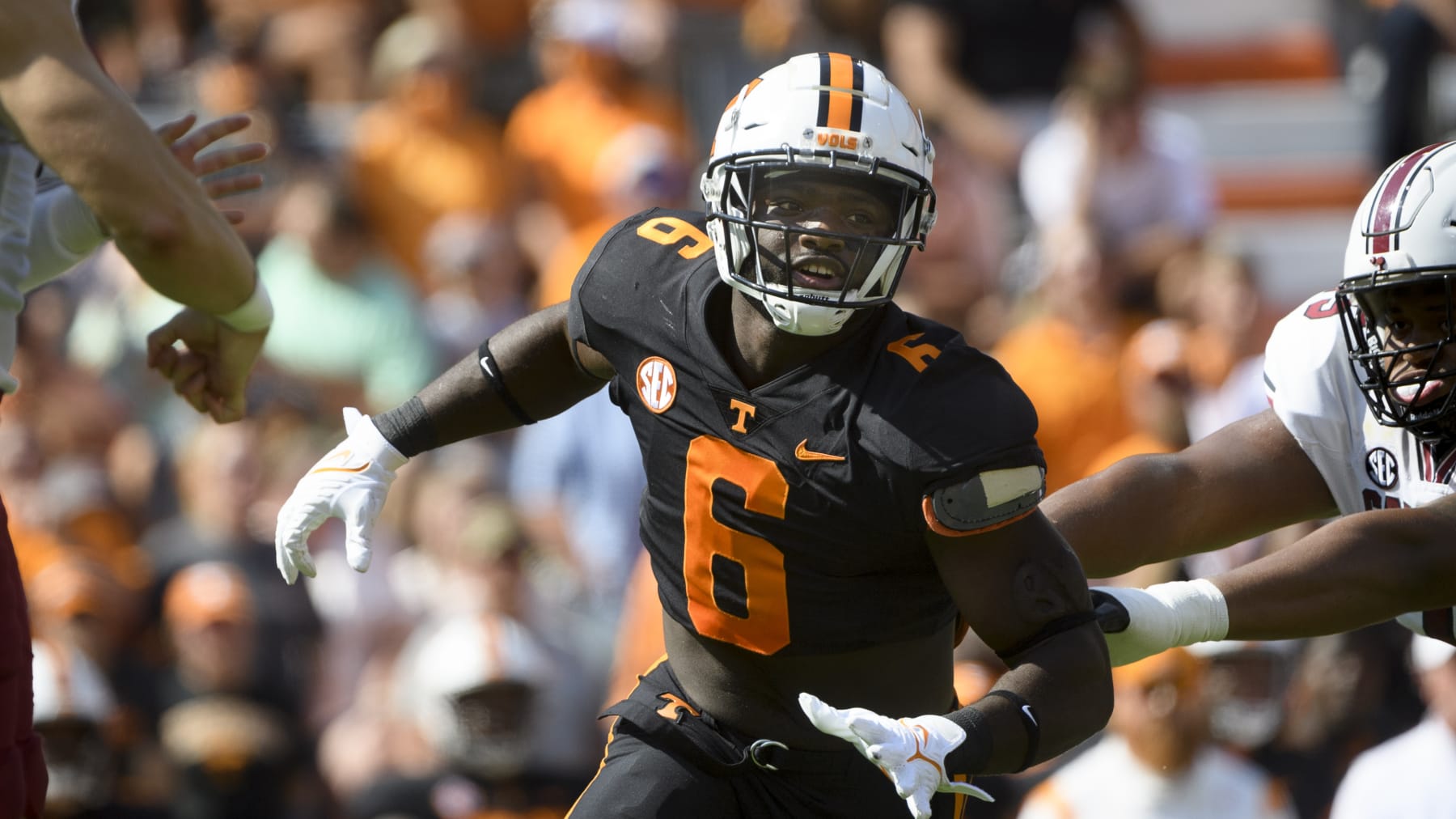 Tennessee linebacker Byron Young (6) plays against South Carolina during an NCAA football game on Saturday, Oct. 9, 2021, in Knoxville, Tenn. (AP Photo/John Amis)