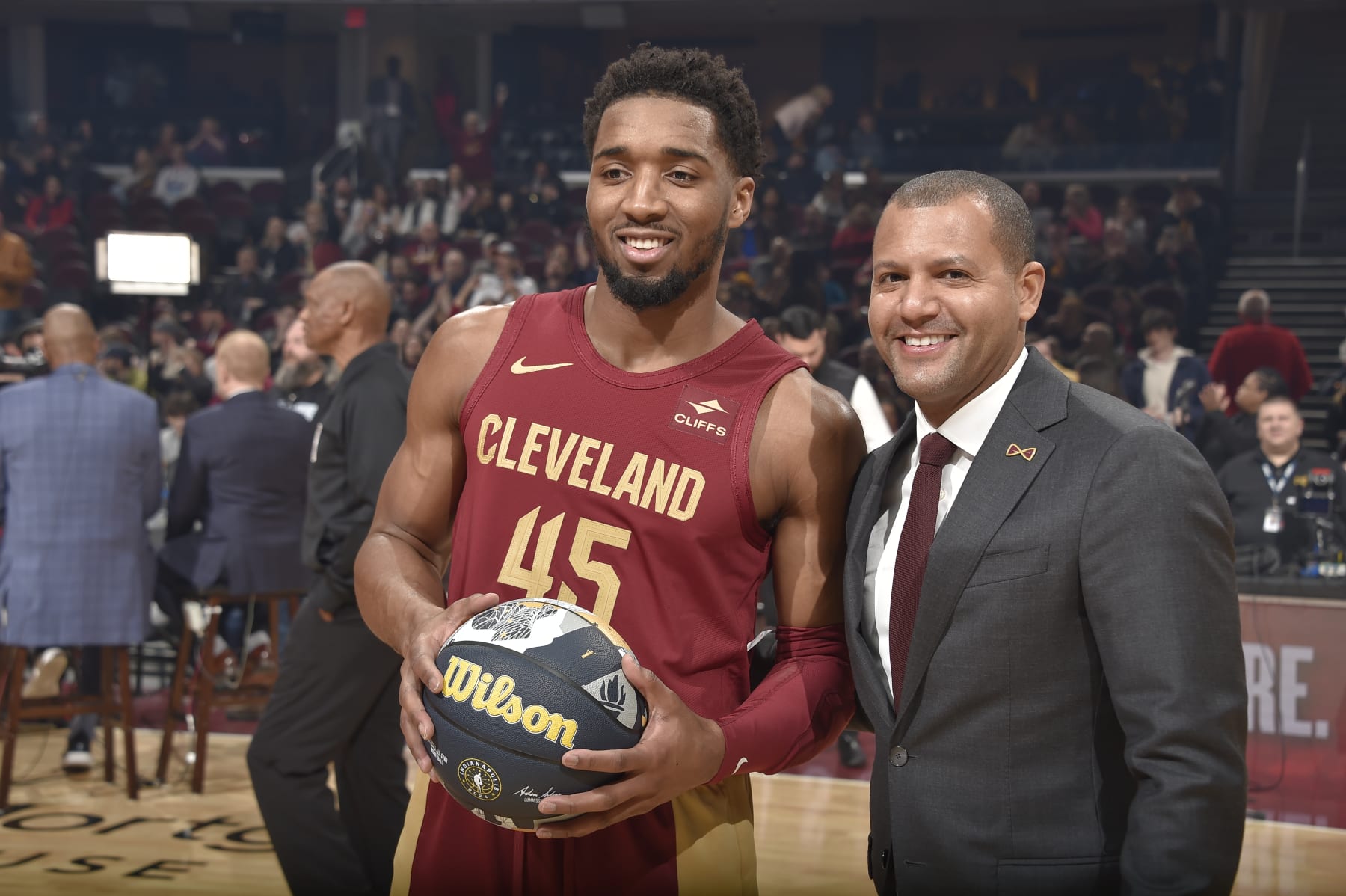 CLEVELAND, OH - FEBRUARY 14: Donovan Mitchell #45 of the Cleveland Cavaliers is awarded with the NBA Eastern Conference Player of the Month for January on February 14, 2024 at Rocket Mortgage FieldHouse in Cleveland, Ohio. NOTE TO USER: User expressly acknowledges and agrees that, by downloading and/or using this Photograph, user is consenting to the terms and conditions of the Getty Images License Agreement. Mandatory Copyright Notice: Copyright 2024 NBAE (Photo by David Liam Kyle/NBAE via Getty Images)