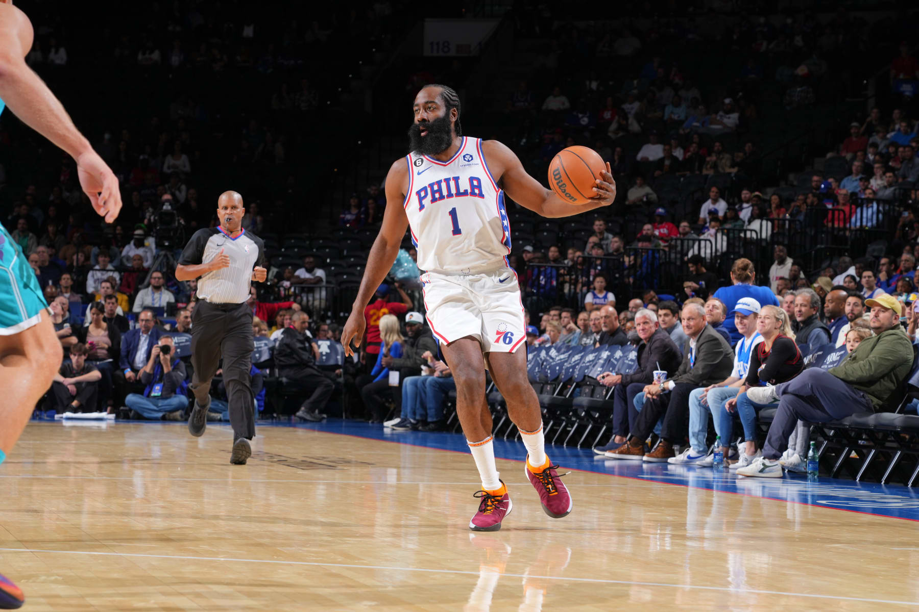 PHILADELPHIA, PA - OCTOBER 12: James Harden #1 of the Philadelphia 76ers dribbles the ball against the Charlotte Hornets during a preseason game on October 12, 2022 at the Wells Fargo Center in Philadelphia, Pennsylvania NOTE TO USER: User expressly acknowledges and agrees that, by downloading and/or using this Photograph, user is consenting to the terms and conditions of the Getty Images License Agreement. Mandatory Copyright Notice: Copyright 2022 NBAE (Photo by Jesse D. Garrabrant/NBAE via Getty Images)