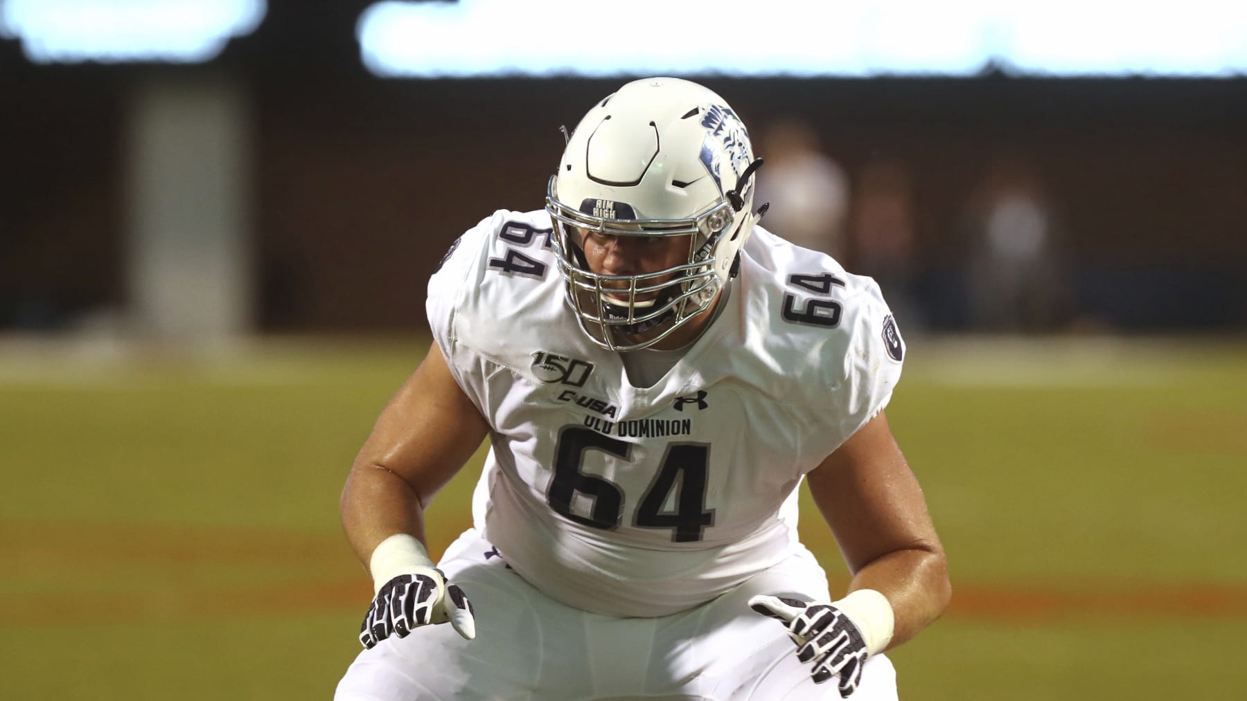 Old Dominion offensive lineman Nick Saldiveri (64) in action during an NCAA football game on Saturday, Sept. 21, 2019 in Charlottesville, Va. (AP Photo/ Andrew Shurtleff)