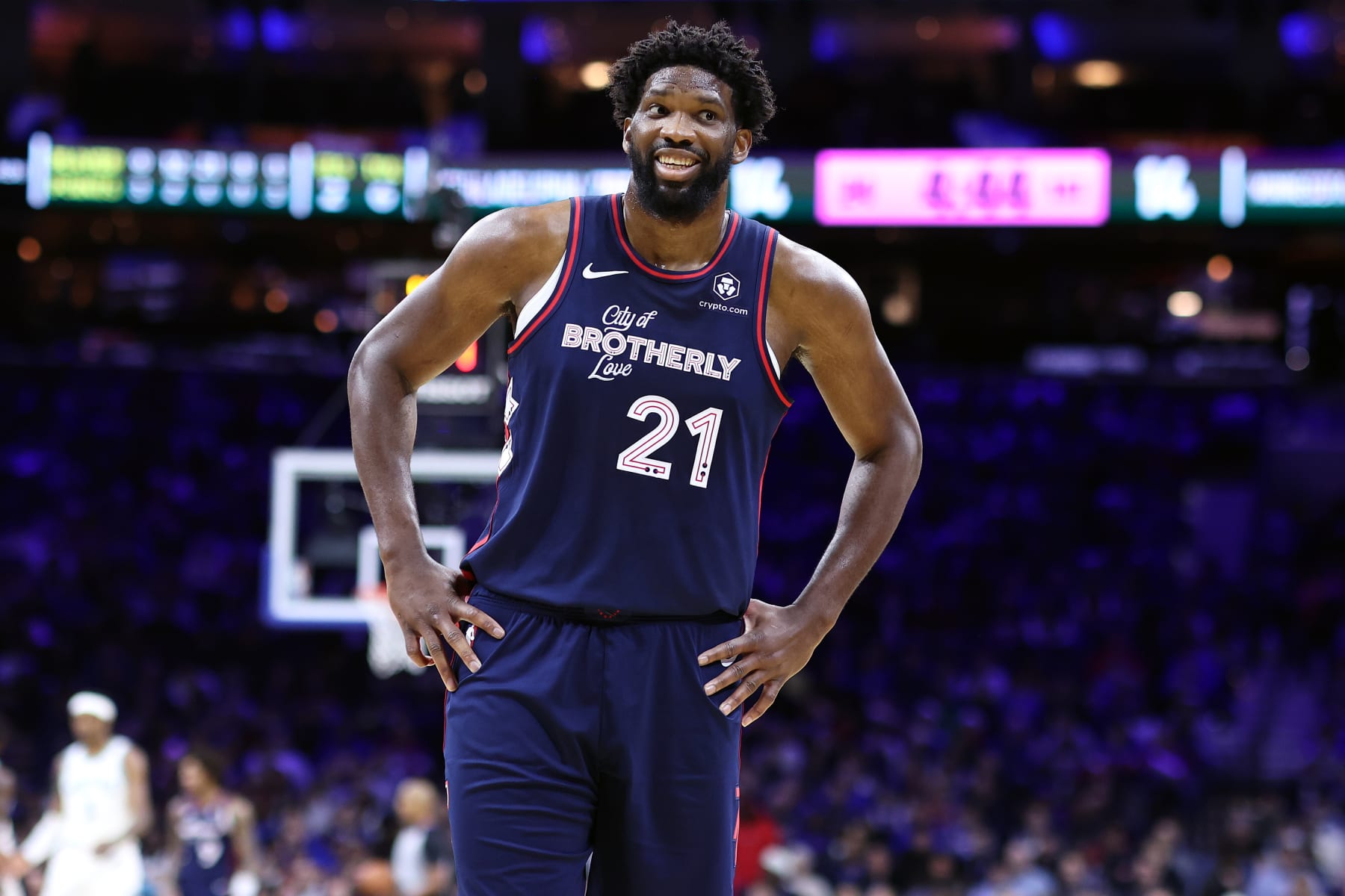 PHILADELPHIA, PENNSYLVANIA - DECEMBER 20: Joel Embiid #21 of the Philadelphia 76ers reacts during the first quarter against the Minnesota Timberwolves at the Wells Fargo Center on December 20, 2023 in Philadelphia, Pennsylvania. NOTE TO USER: User expressly acknowledges and agrees that, by downloading and or using this photograph, User is consenting to the terms and conditions of the Getty Images License Agreement. (Photo by Tim Nwachukwu/Getty Images)