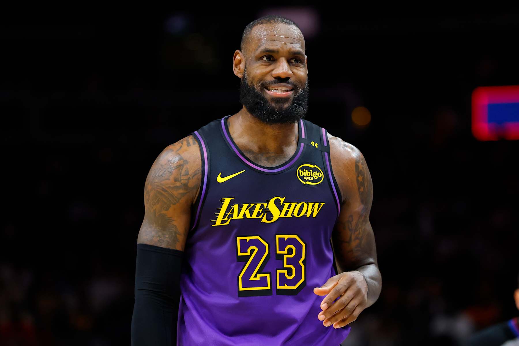 ATLANTA, GEORGIA - DECEMBER 6: LeBron James #23 of the Los Angeles Lakers reacts during the second quarter against the Atlanta Hawks at State Farm Arena on December 6, 2024 in Atlanta, Georgia. NOTE TO USER: User expressly acknowledges and agrees that, by downloading and or using this photograph, User is consenting to the terms and conditions of the Getty Images License Agreement. (Photo by Todd Kirkland/Getty Images)