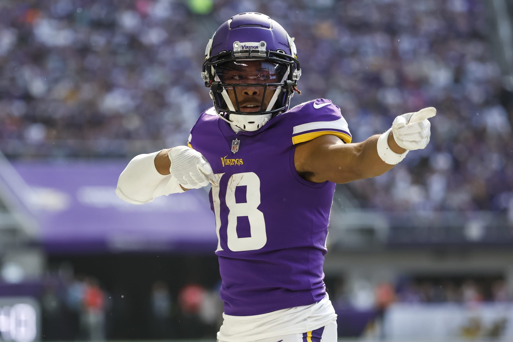 MINNEAPOLIS - OCTOBER 09: Justin Jefferson #18 of the Minnesota Vikings celebrates a first down catch against the Chicago Bears in the first quarter of the game at U.S. Bank Stadium in Minneapolis, Minnesota. The Vikings defeated the Bears 29-22. (Photo by David Berding/Getty Images).