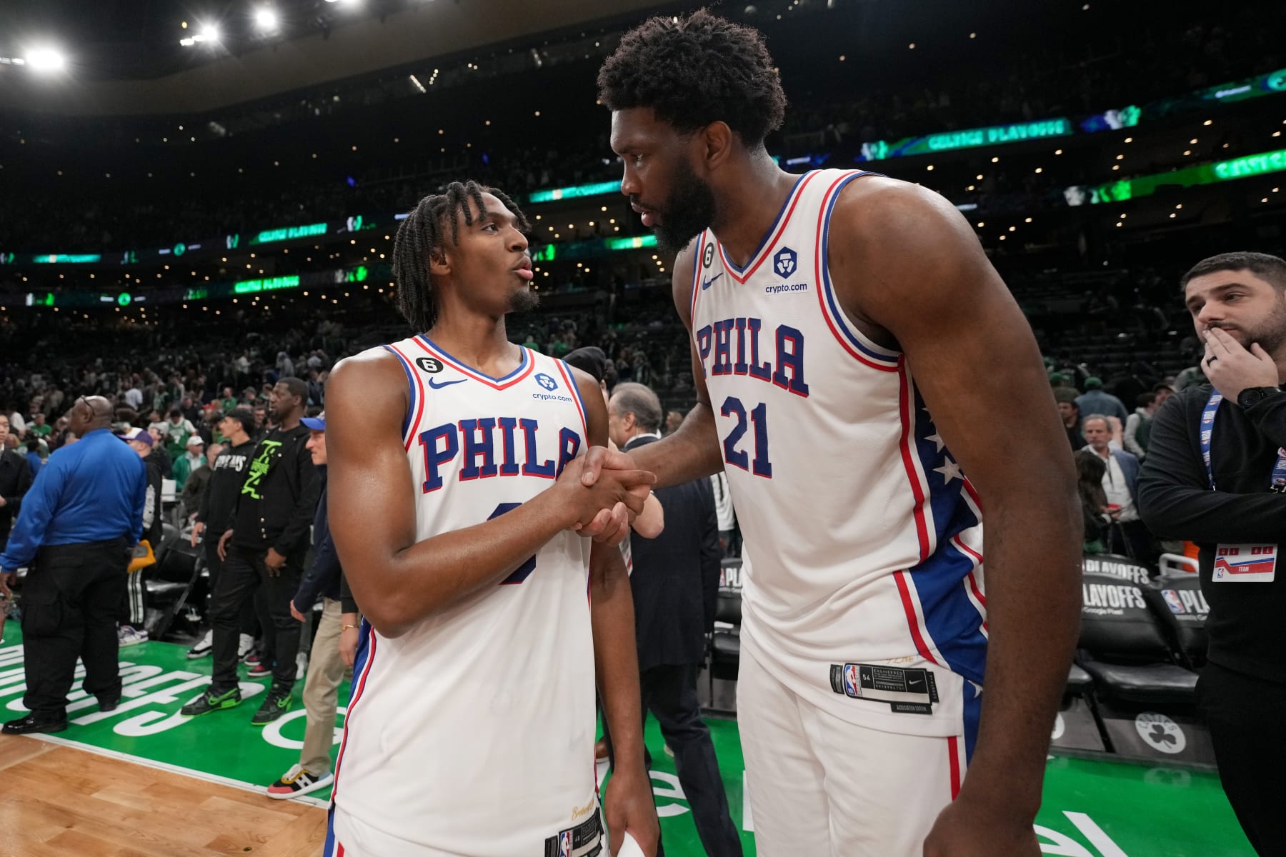 BOSTON, MA - MAY 9: Joel Embiid #21 of the Philadelphia 76ers talks with Tyrese Maxey #0 of the Philadelphia 76ers after the game against the Boston Celtics during Game 5 of the 2023 NBA Playoffs Eastern Conference semi-finals on May 9, 2023 at the TD Garden in Boston, Massachusetts. NOTE TO USER: User expressly acknowledges and agrees that, by downloading and or using this photograph, User is consenting to the terms and conditions of the Getty Images License Agreement. Mandatory Copyright Notice: Copyright 2023 NBAE  (Photo by Jesse D. Garrabrant/NBAE via Getty Images)