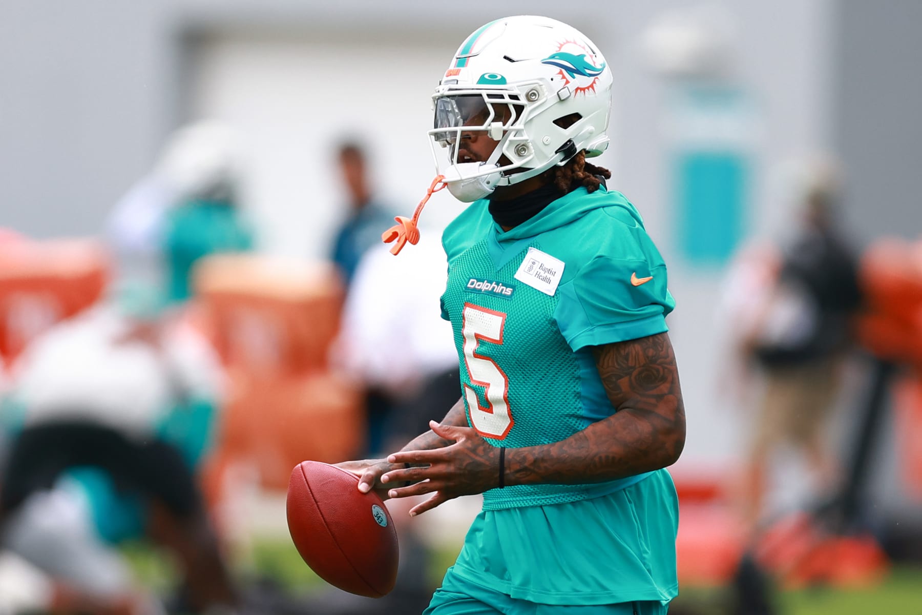 MIAMI GARDENS, FLORIDA - JULY 26: Jalen Ramsey #5 of the Miami Dolphins takes part in a drill during training camp at Baptist Health Training Complex on July 26, 2023 in Miami Gardens, Florida. (Photo by Megan Briggs/Getty Images)