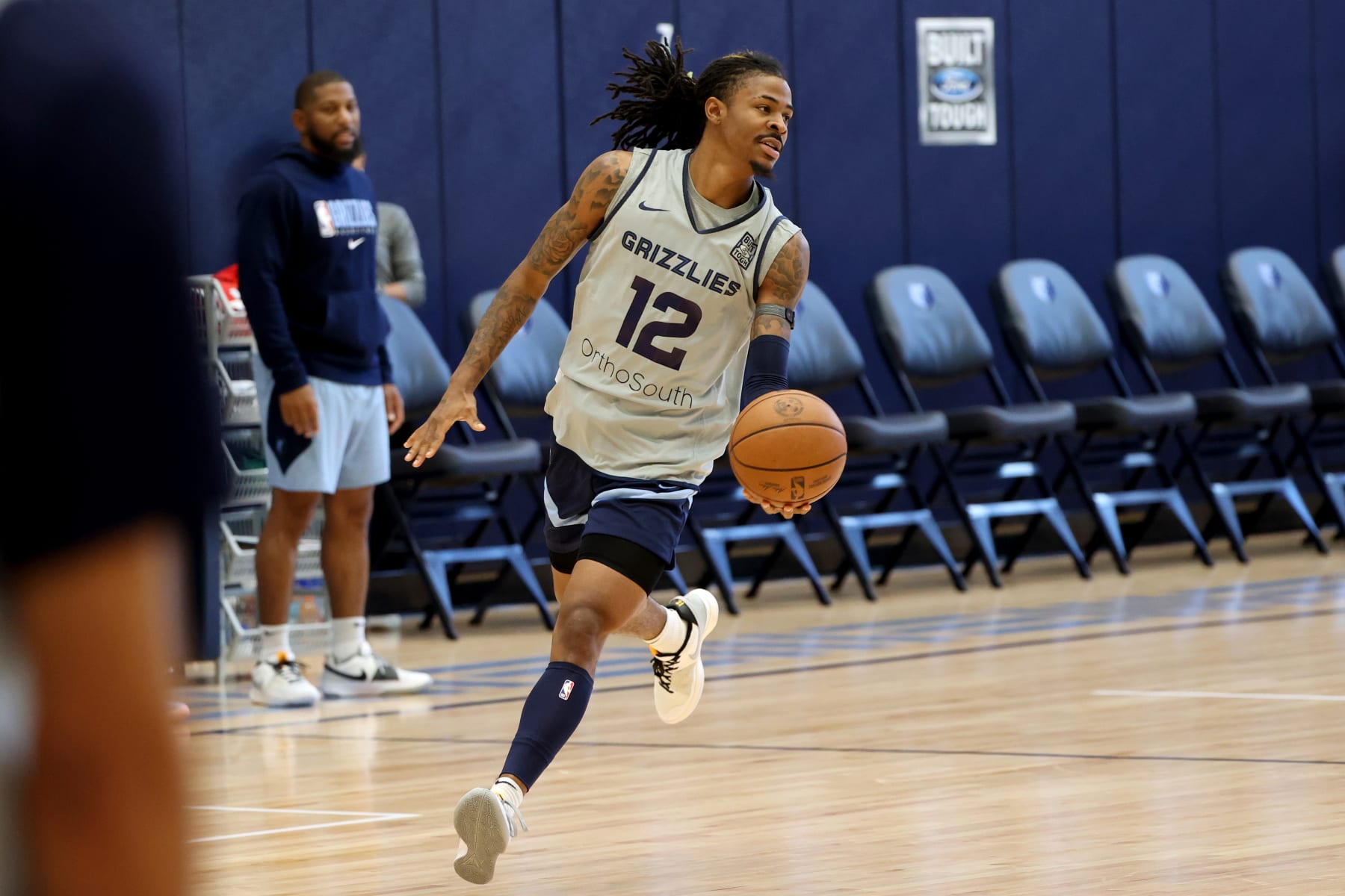MEMPHIS, TN - OCTOBER 3: Ja Morant #12 of the Memphis Grizzlies dribbles the ball during a team practice on October 3, 2023 at FedExForum in Memphis, Tennessee. NOTE TO USER: User expressly acknowledges and agrees that, by downloading and or using this photograph, User is consenting to the terms and conditions of the Getty Images License Agreement. Mandatory Copyright Notice: Copyright 2023 NBAE (Photo by Joe Murphy/NBAE via Getty Images)