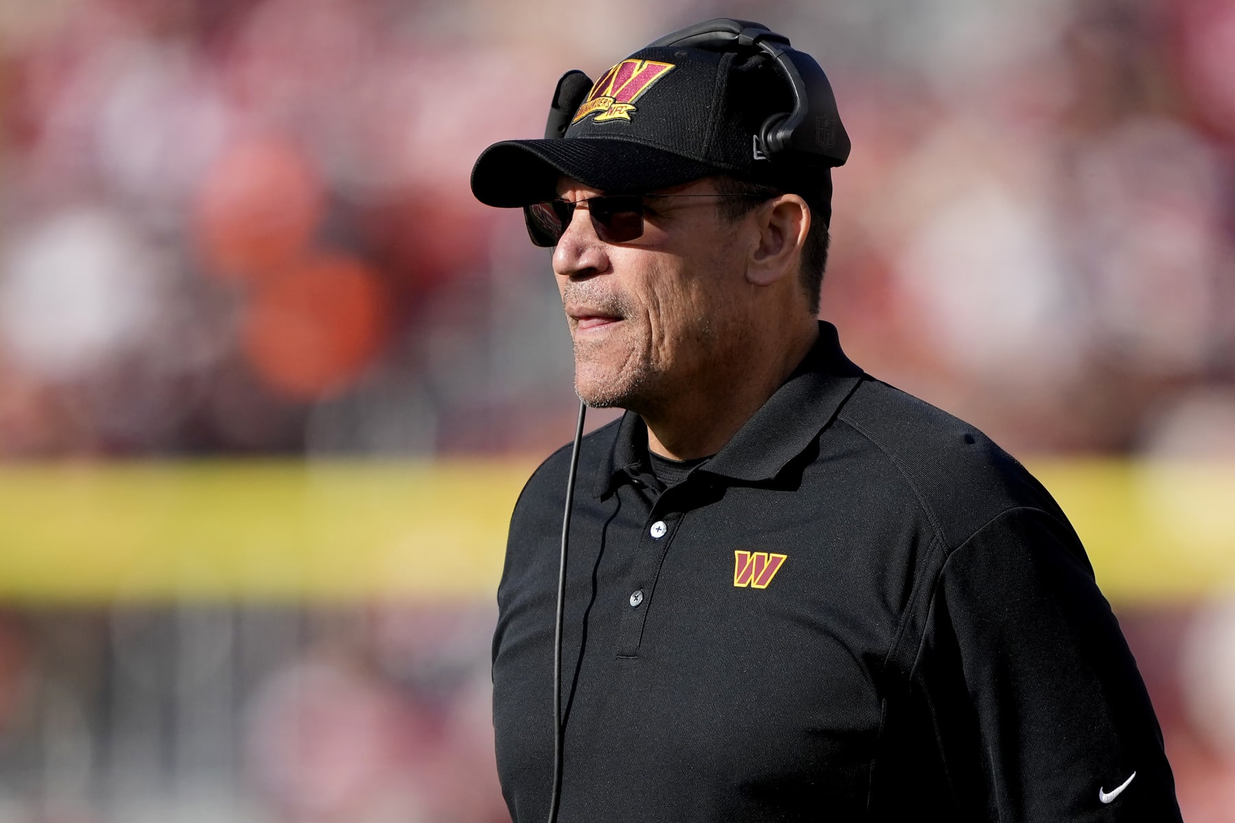 SANTA CLARA, CALIFORNIA - DECEMBER 24: Head coach Ron Rivera of the Washington Commanders looks on against the San Francisco 49ers during the first half of the game at Levi's Stadium on December 24, 2022 in Santa Clara, California. (Photo by Thearon W. Henderson/Getty Images)