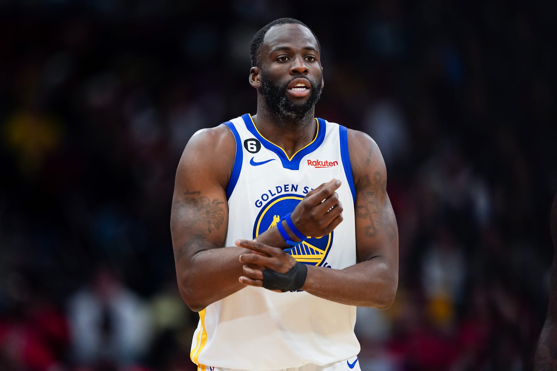 HOUSTON, TEXAS - MARCH 20: Draymond Green #23 of the Golden State Warriors looks on during the game against the Houston Rockets at Toyota Center on March 20, 2023 in Houston, Texas. NOTE TO USER: User expressly acknowledges and agrees that, by downloading and or using this photograph, User is consenting to the terms and conditions of the Getty Images License Agreement. (Photo by Alex Bierens de Haan/Getty Images)