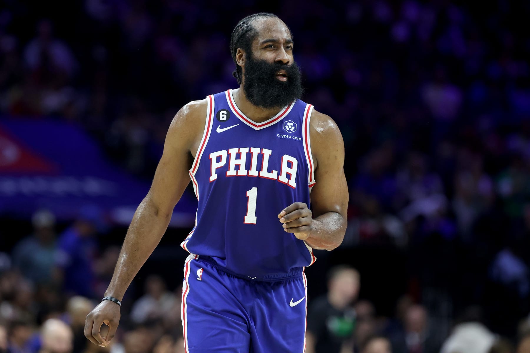 PHILADELPHIA, PENNSYLVANIA - MAY 07: James Harden #1 of the Philadelphia 76ers reacts against the Boston Celtics during the second quarter in game four of the Eastern Conference Second Round Playoffs at Wells Fargo Center on May 07, 2023 in Philadelphia, Pennsylvania. NOTE TO USER: User expressly acknowledges and agrees that, by downloading and or using this photograph, User is consenting to the terms and conditions of the Getty Images License Agreement. (Photo by Tim Nwachukwu/Getty Images)