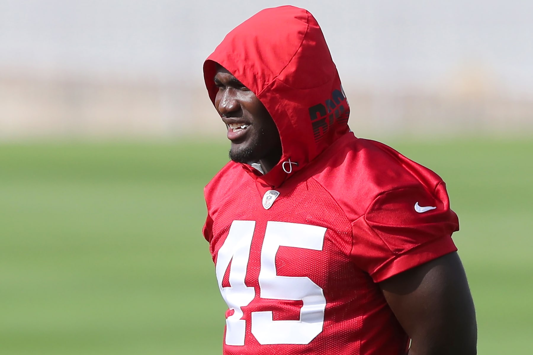 TAMPA, FL - JUN 15: Tampa Bay Buccaneers Linebacker Devin White (45) talks with teammates during the Tampa Bay Buccaneers Minicamp on June 15, 2023 at the AdventHealth Training Center at One Buccaneer Place in Tampa, Florida. (Photo by Cliff Welch/Icon Sportswire via Getty Images)