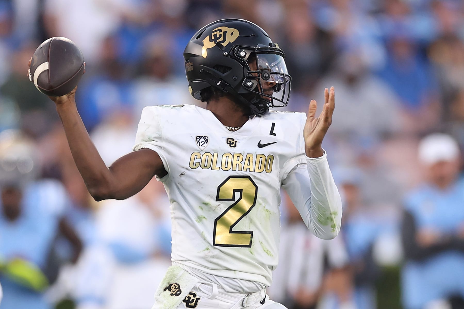 PASADENA, CALIFORNIA - OCTOBER 28: Shedeur Sanders #2 of the Colorado Buffaloes passes the ball during the first half of a game against the UCLA Bruins at Rose Bowl Stadium on October 28, 2023 in Pasadena, California. (Photo by Sean M. Haffey/Getty Images)