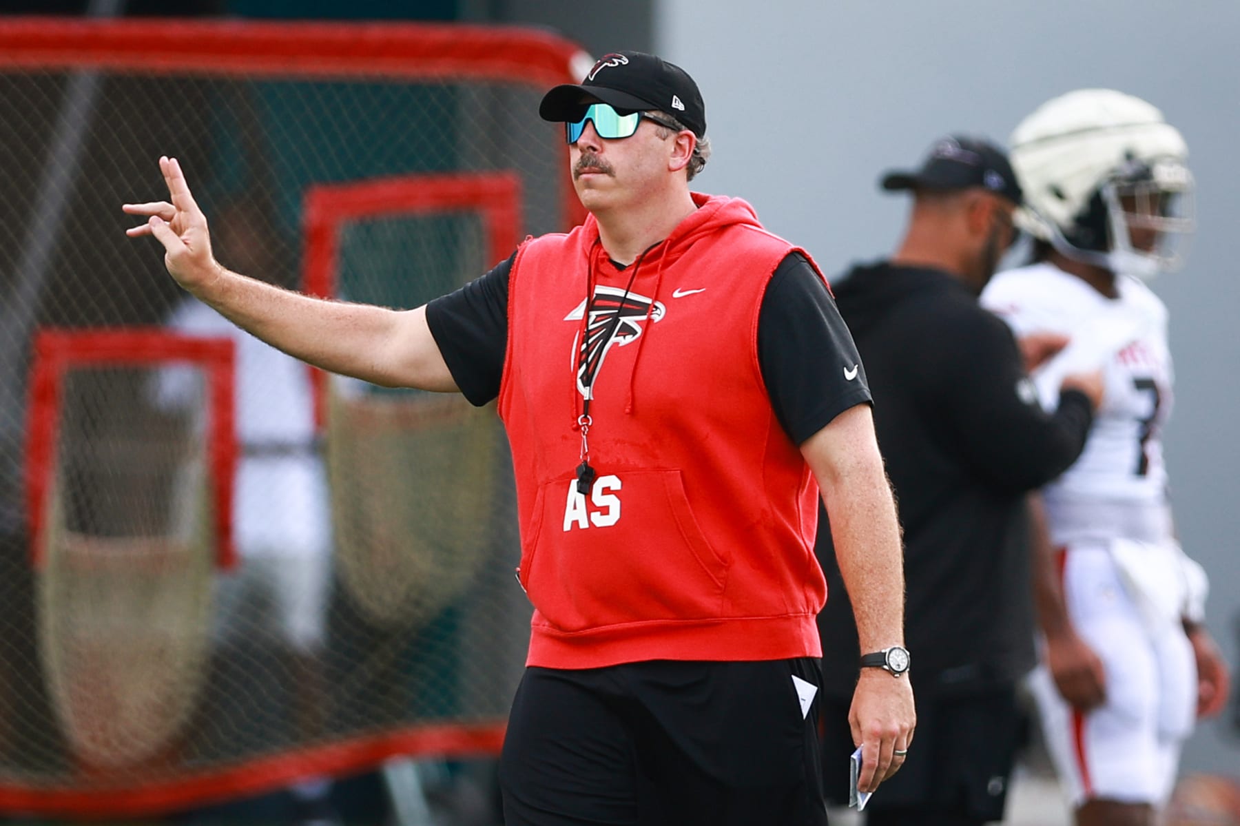 MIAMI GARDENS, FLORIDA - AUGUST 09: Head coach Arthur Smith of the Atlanta Falcons reacts during training camp practice  with the Miami Dolphins at Baptist Health Training Complex on August 09, 2023 in Miami Gardens, Florida. (Photo by Megan Briggs/Getty Images)