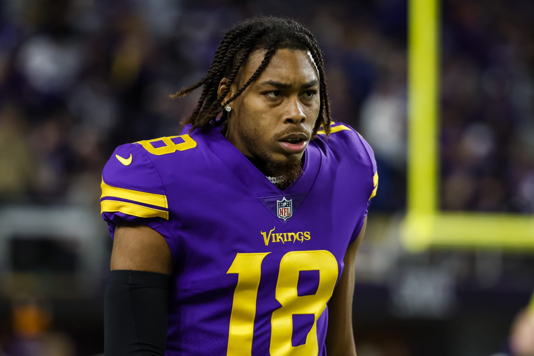 MINNEAPOLIS, MN - NOVEMBER 24: Justin Jefferson #18 of the Minnesota Vikings looks on before the start of the game against the New England Patriots at U.S. Bank Stadium in Minneapolis, Minnesota. The Vikings defeated the Patriots 33-26. (Photo by David Berding/Getty Images)
