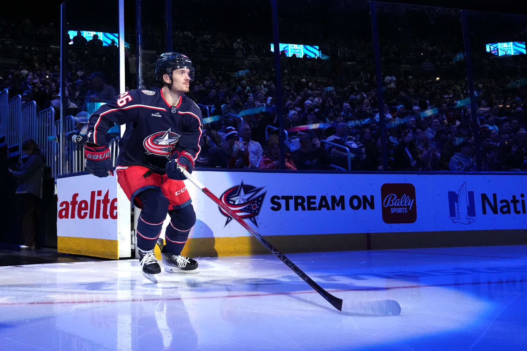 COLUMBUS, OHIO - JANUARY 13: Jack Roslovic #96 of the Columbus Blue Jackets takes the ice before the start of the first period against the Seattle Kraken at Nationwide Arena on January 13, 2024 in Columbus, Ohio. (Photo by Jason Mowry/Getty Images)