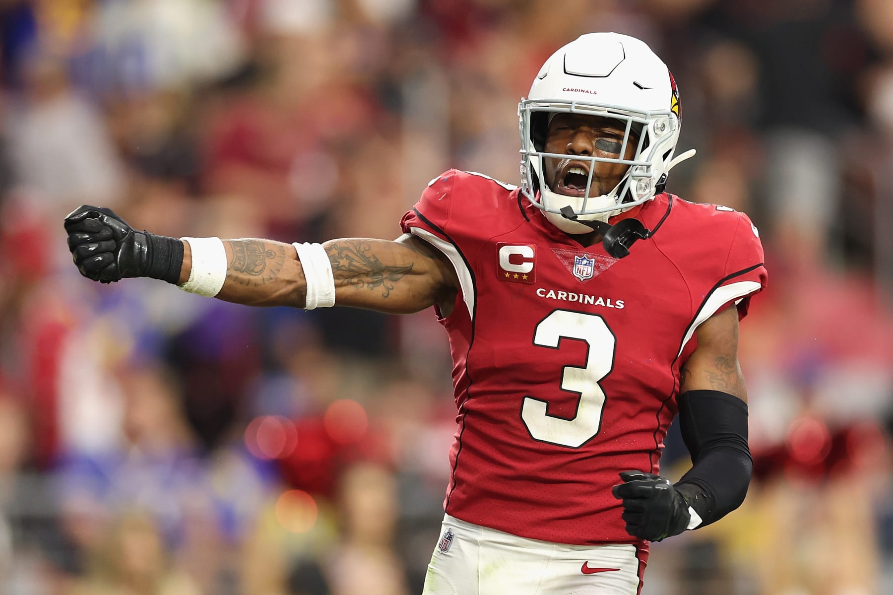 GLENDALE, ARIZONA - SEPTEMBER 25: Safety Budda Baker #3 of the Arizona Cardinals reacts to a fumble recovery against the Los Angeles Rams during the second half of the NFL game at State Farm Stadium on September 25, 2022 in Glendale, Arizona. The Rams defeated the Cardinals 20-12.  (Photo by Christian Petersen/Getty Images)