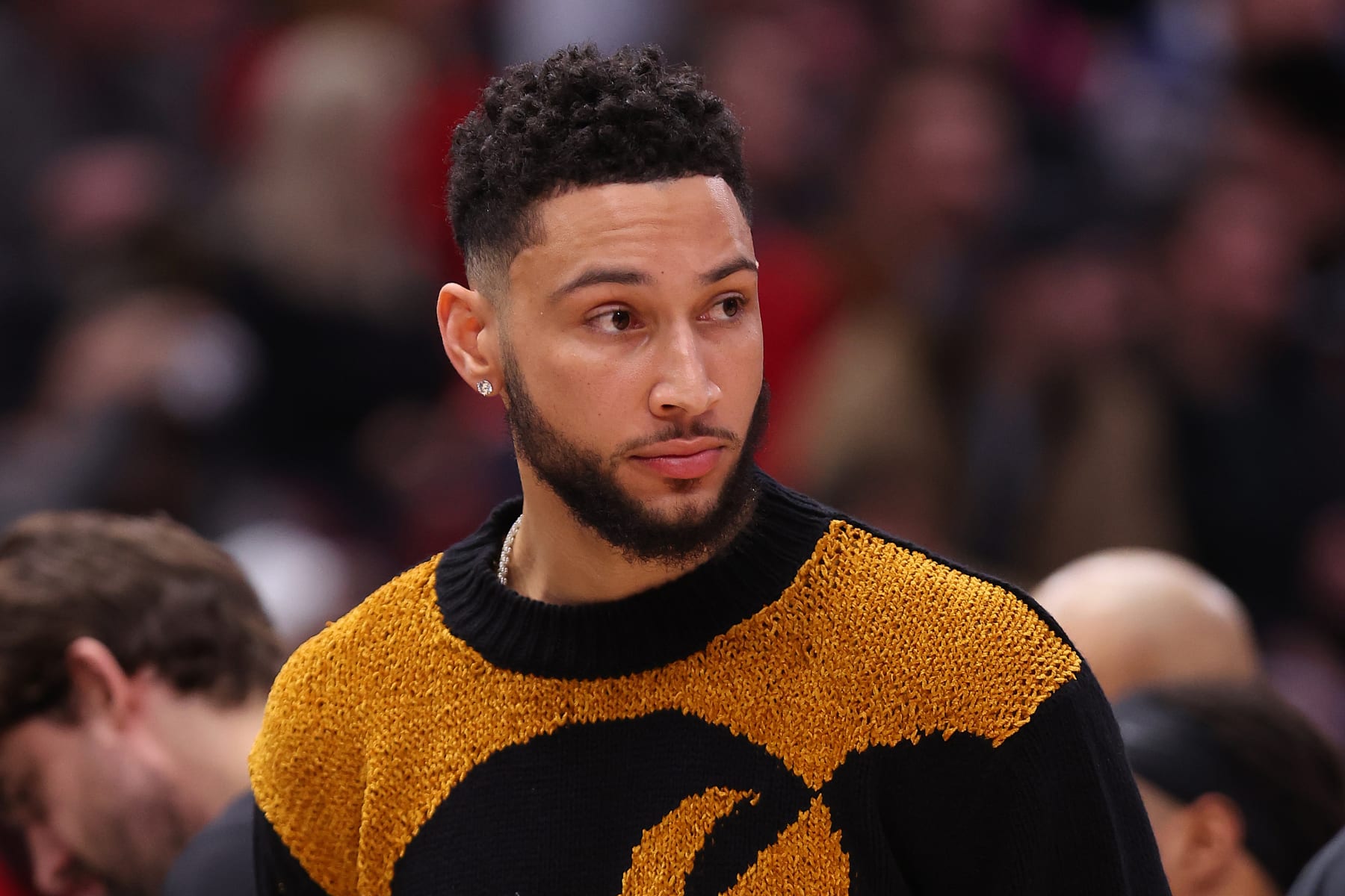 CHICAGO, ILLINOIS - FEBRUARY 24: Ben Simmons #10 of the Brooklyn Nets looks on during the first half at United Center on February 24, 2023 in Chicago, Illinois. NOTE TO USER: User expressly acknowledges and agrees that, by downloading and or using this photograph, User is consenting to the terms and conditions of the Getty Images License Agreement.  (Photo by Michael Reaves/Getty Images)