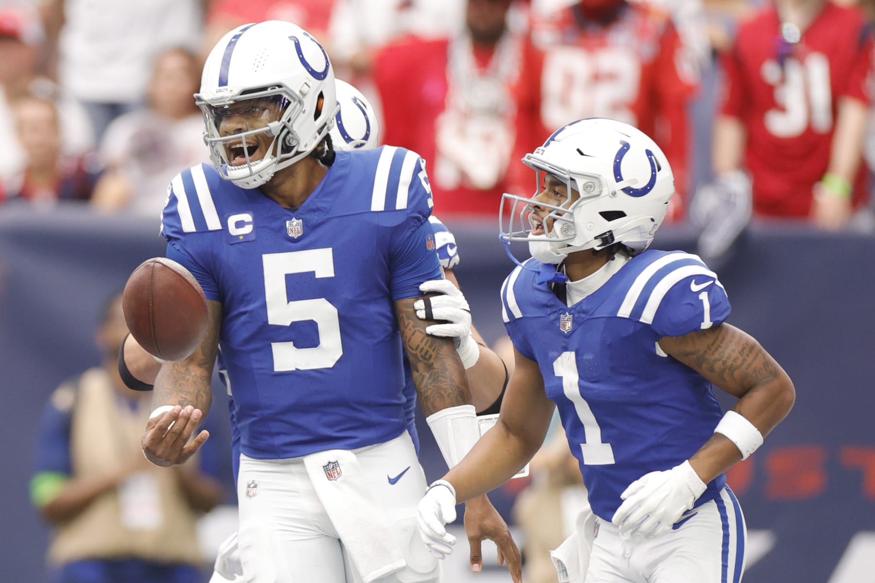 HOUSTON, TEXAS - SEPTEMBER 17: Anthony Richardson #5 of the Indianapolis Colts celebrates a rushing touchdown during the first quarter against the Houston Texans at NRG Stadium on September 17, 2023 in Houston, Texas. (Photo by Carmen Mandato/Getty Images)