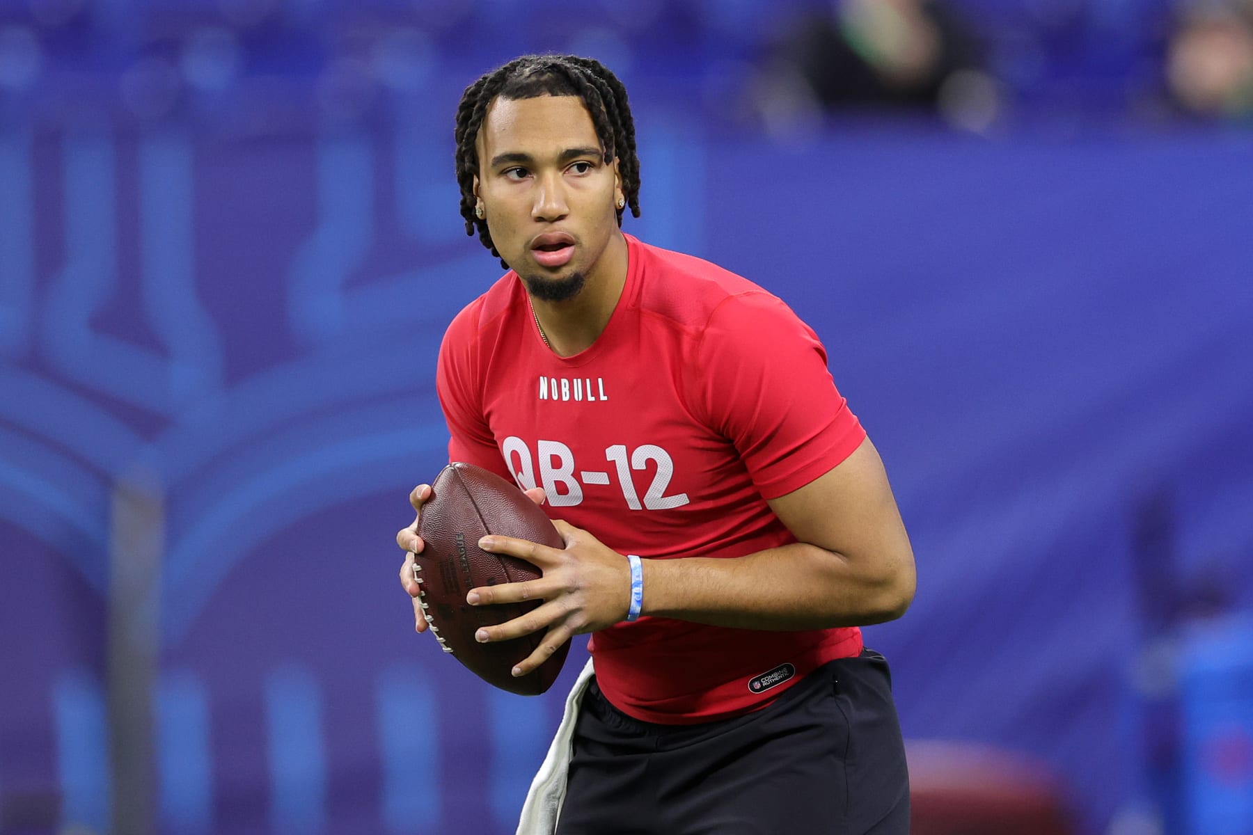 INDIANAPOLIS, INDIANA - MARCH 04: CJ Stroud of Ohio State participates in a drill during the NFL Combine at Lucas Oil Stadium on March 04, 2023 in Indianapolis, Indiana. (Photo by Stacy Revere/Getty Images)