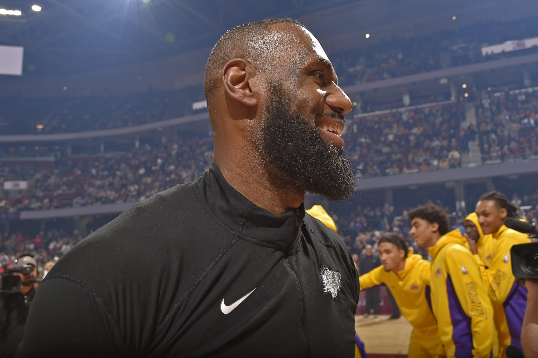 LOS ANGELES, CA - NOVEMBER 25: LeBron James #23 of the Los Angeles Lakers smiles before the game against the Cleveland Cavaliers on November 25, 2023 at Crypto.Com Arena in Los Angeles, California. NOTE TO USER: User expressly acknowledges and agrees that, by downloading and/or using this Photograph, user is consenting to the terms and conditions of the Getty Images License Agreement. Mandatory Copyright Notice: Copyright 2023 NBAE (Photo by David Liam Kyle/NBAE via Getty Images)