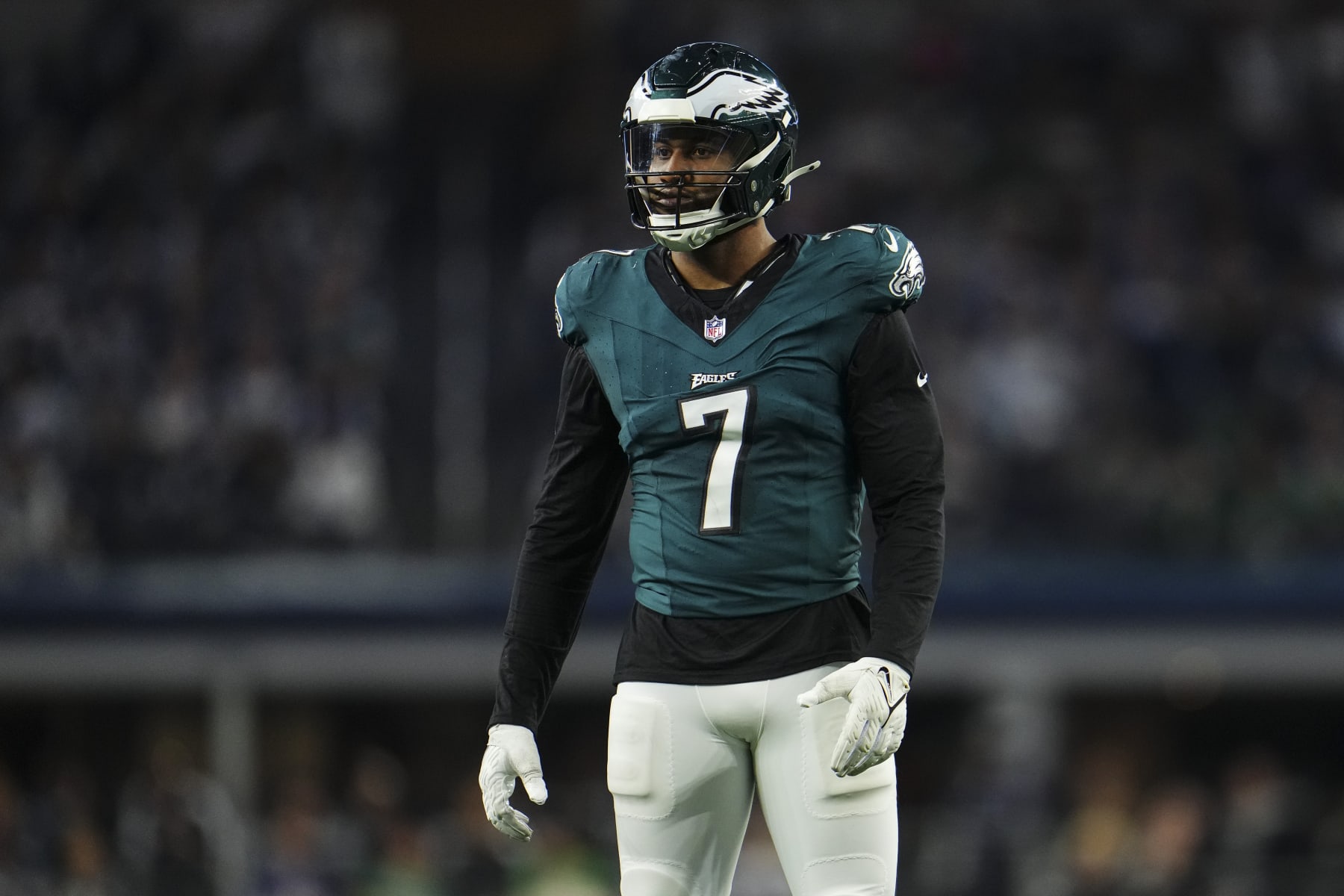 ARLINGTON, TX - DECEMBER 10: Haason Reddick #7 of the Philadelphia Eagles looks on from the field during an NFL football game against the Dallas Cowboys at AT&T Stadium on December 10, 2023 in Arlington, Texas. (Photo by Cooper Neill/Getty Images)