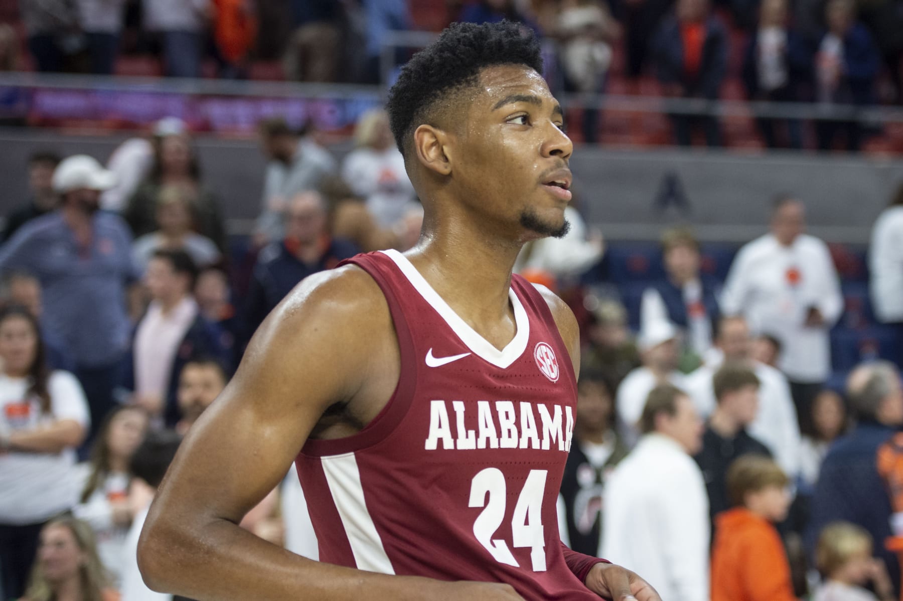 AUBURN, ALABAMA - FEBRUARY 11: Brandon Miller #24 of the Alabama Crimson Tide after defeating the Auburn Tigers at Neville Arena on February 11, 2023 in Auburn, Alabama. (Photo by Michael Chang/Getty Images)