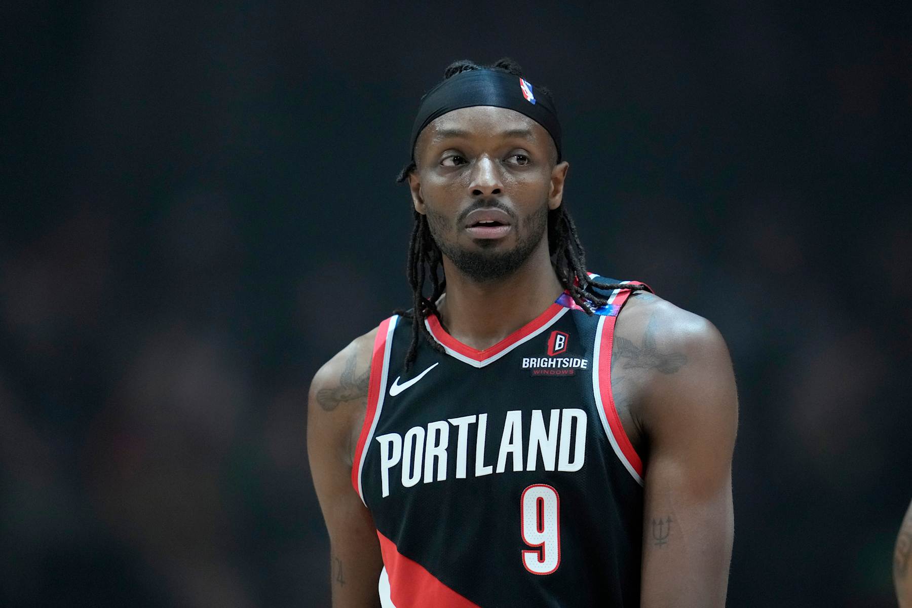 PORTLAND, OREGON - DECEMBER 01: Jerami Grant #9 of the Portland Trail Blazers looks on during the first half against the Dallas Mavericks at Moda Center on December 01, 2024 in Portland, Oregon. NOTE TO USER: User expressly acknowledges and agrees that, by downloading and or using this photograph, User is consenting to the terms and conditions of the Getty Images License Agreement. (Photo by Soobum Im/Getty Images)
