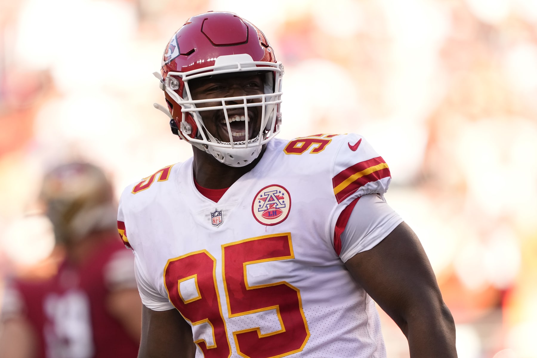 SANTA CLARA, CALIFORNIA - OCTOBER 23: Chris Jones #95 of the Kansas City Chiefs reacts after a safety in the fourth quarter against the San Francisco 49ers at Levi's Stadium on October 23, 2022 in Santa Clara, California. (Photo by Thearon W. Henderson/Getty Images)