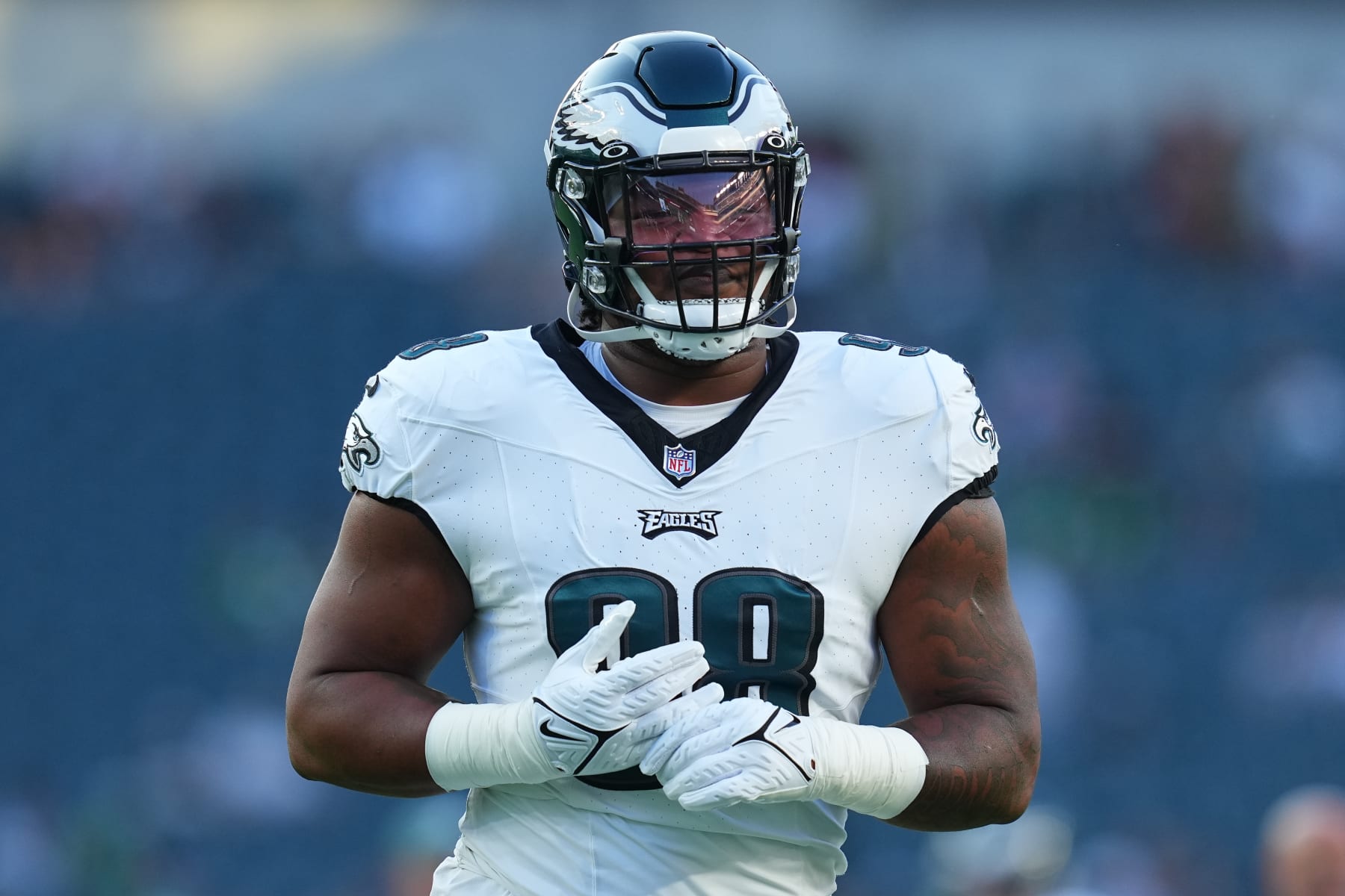 PHILADELPHIA, PENNSYLVANIA - AUGUST 17: Jalen Carter #98 of the Philadelphia Eagles looks on against the Cleveland Browns during the preseason game at Lincoln Financial Field on August 17, 2023 in Philadelphia, Pennsylvania. The Browns tied the Eagles 18-18. (Photo by Mitchell Leff/Getty Images)