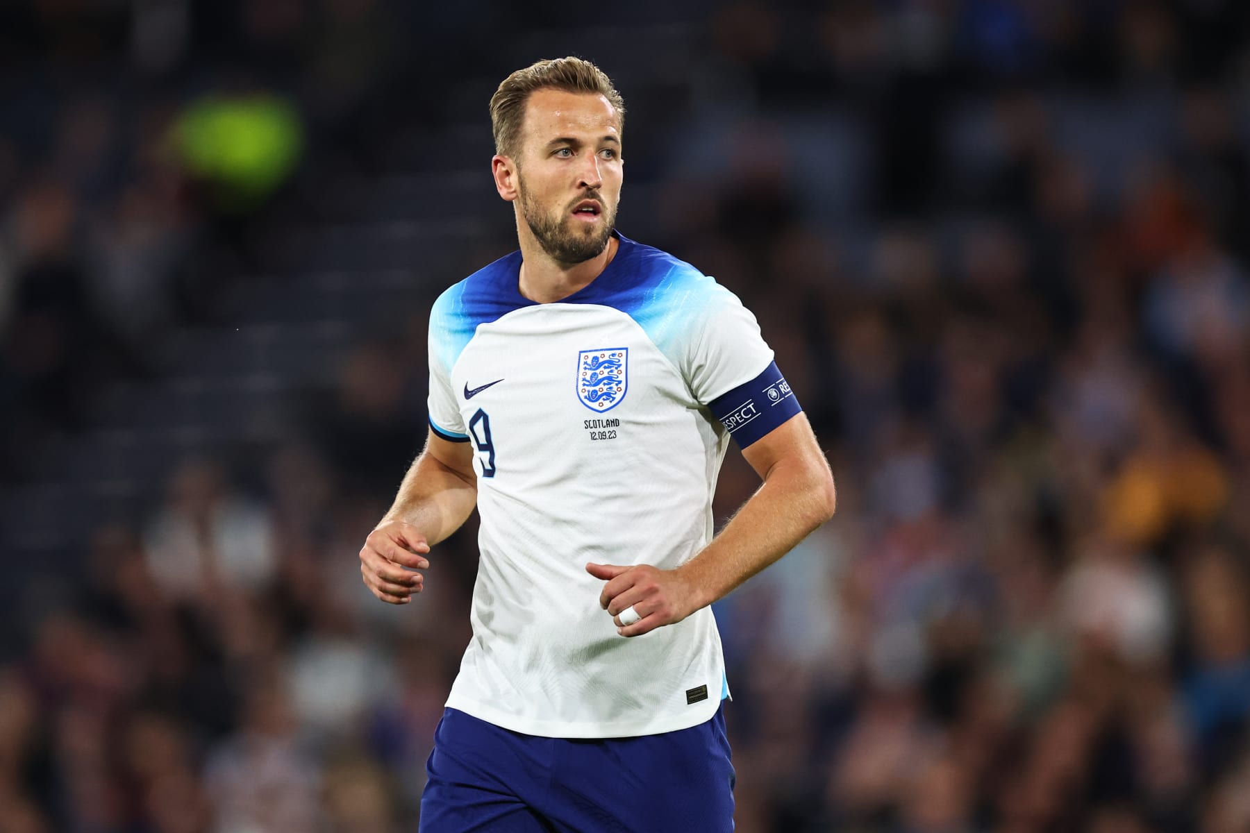 GLASGOW, SCOTLAND - SEPTEMBER 12: Harry Kane of England during the 150th Anniversary Heritage Match between Scotland and England at Hampden Park on September 12, 2023 in Glasgow, Scotland. (Photo by Robbie Jay Barratt - AMA/Getty Images)