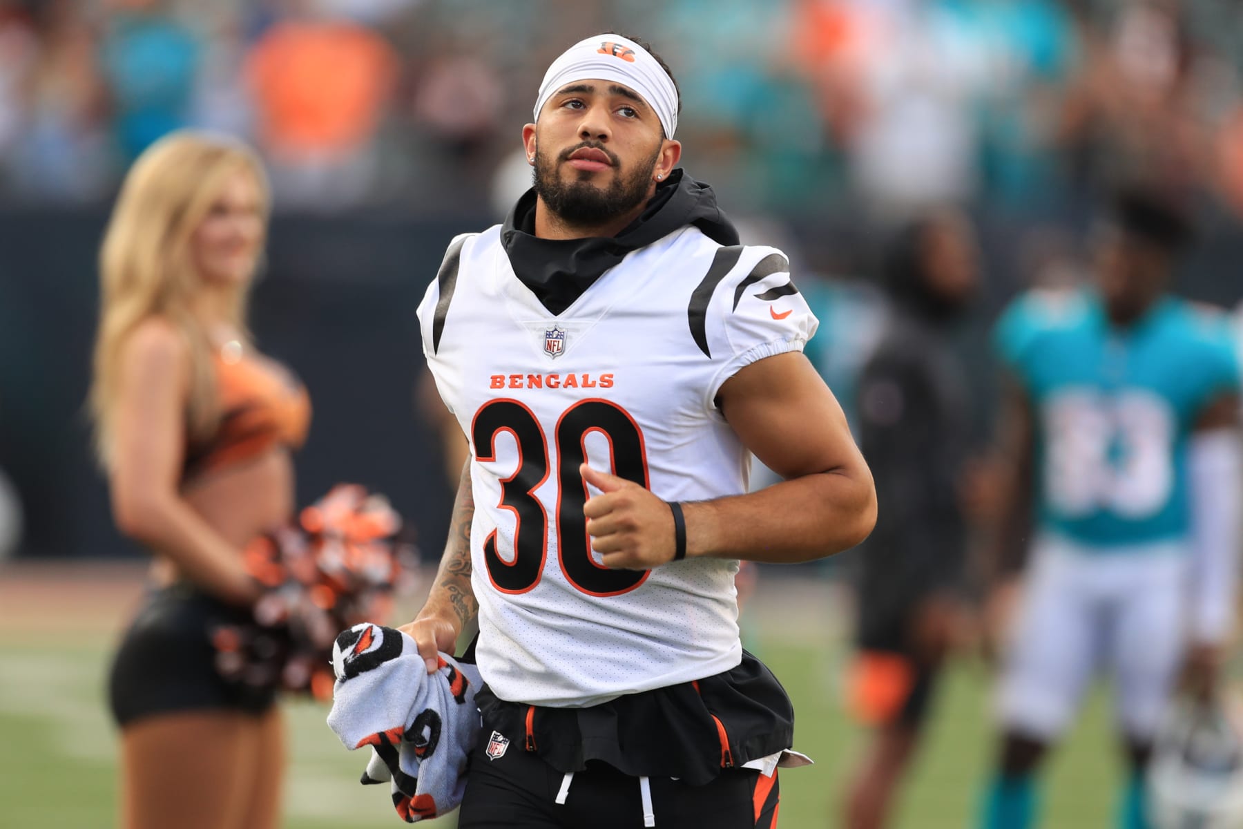 CINCINNATI, OH - AUGUST 29: Cincinnati Bengals free safety Jessie Bates (30) walks off the field after the game against the Miami Dolphins and the Cincinnati Bengals on August 29, 2021, at Paul Brown Stadium in Cincinnati, OH. (Photo by Ian Johnson/Icon Sportswire via Getty Images)
