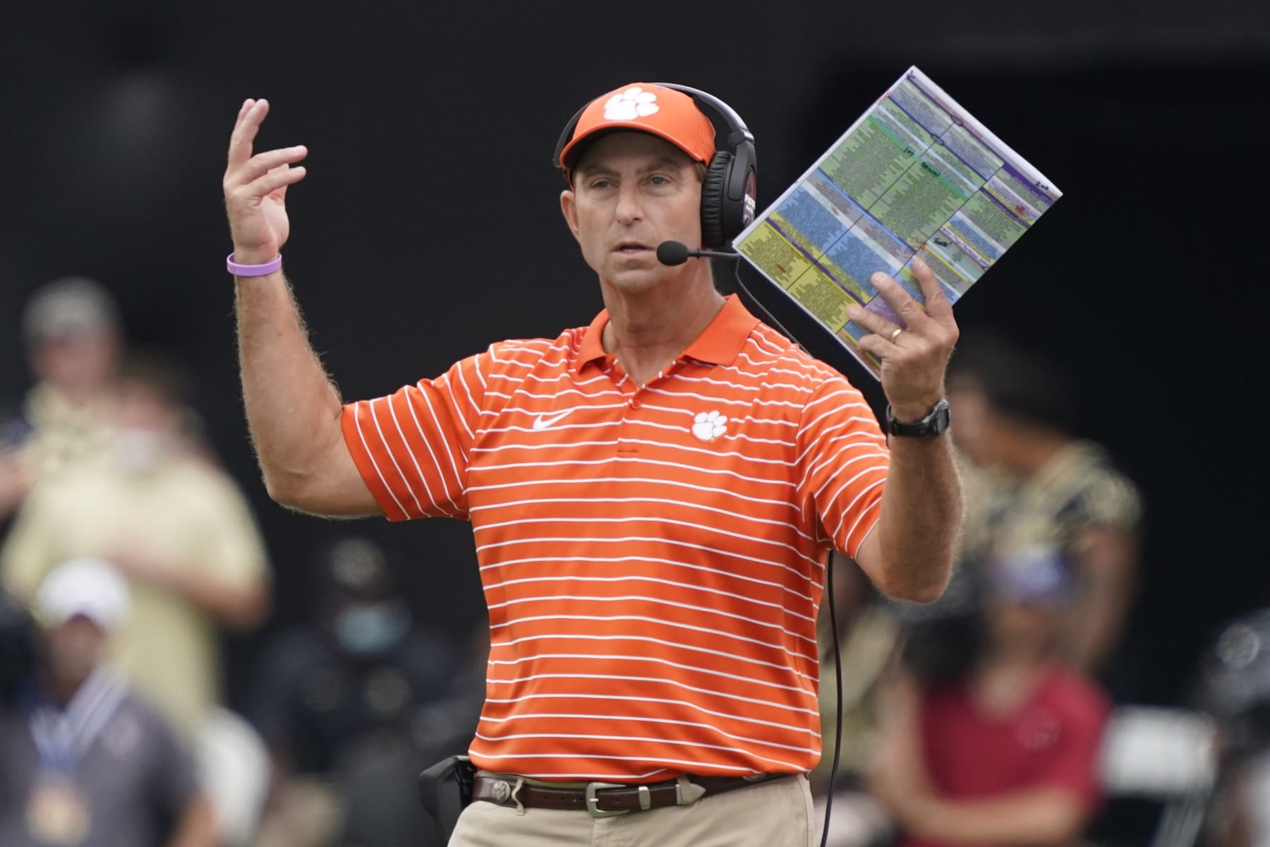 Clemson head coach Dabo Swinney directs his team against Wake Forest during the second half of an NCAA college football game in Winston-Salem, N.C., Saturday, Sept. 24, 2022. (AP Photo/Chuck Burton)