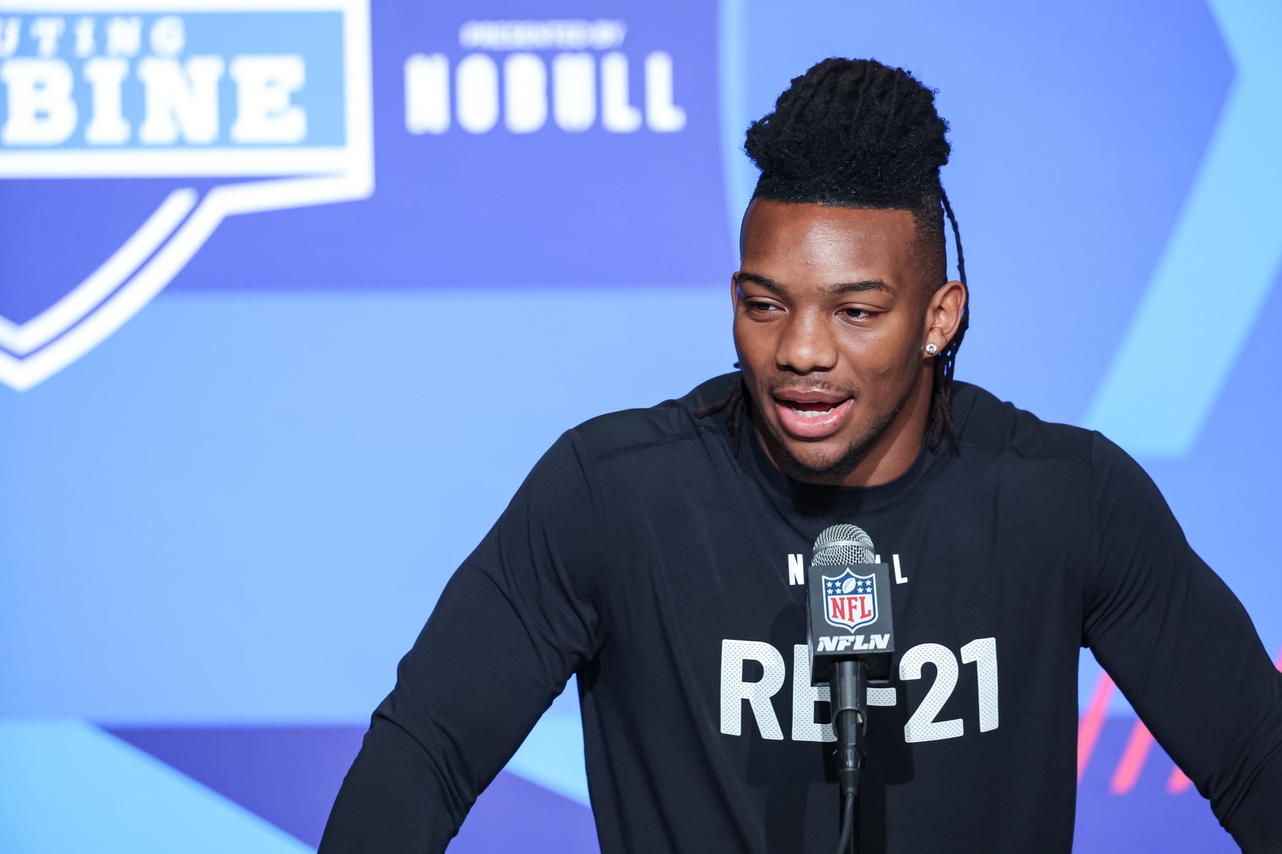 INDIANAPOLIS, IN - MARCH 04: Running back Bijan Robinson of Texas speaks to the media during the NFL Combine at Lucas Oil Stadium on March 4, 2023 in Indianapolis, Indiana. (Photo by Michael Hickey/Getty Images)