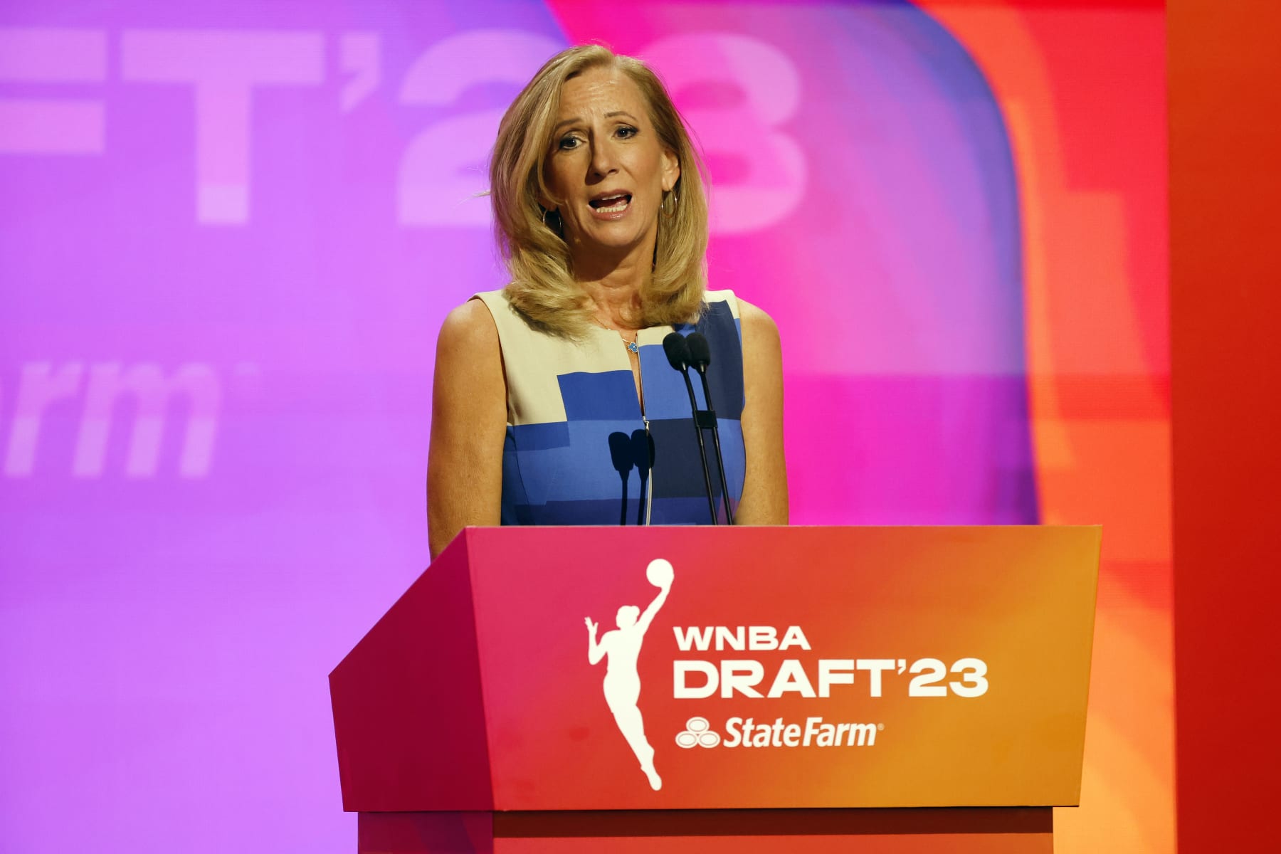 NEW YORK, NEW YORK - APRIL 10: WNBA Commissioner Cathy Engelbert speaks to the crowd during the 2023 WNBA Draft at Spring Studios on April 10, 2023 in New York City. NOTE TO USER: User expressly acknowledges and agrees that, by downloading and or using this photograph, User is consenting to the terms and conditions of the Getty Images License Agreement. (Photo by Sarah Stier/Getty Images)