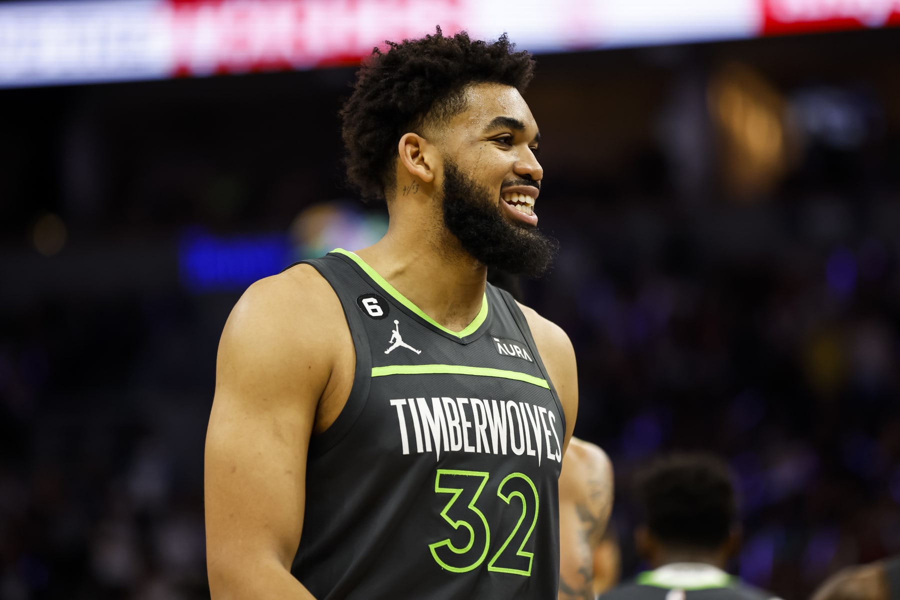 MINNEAPOLIS, MN - APRIL 14: Karl-Anthony Towns #32 of the Minnesota Timberwolves looks on against the Oklahoma City Thunder in the first quarter of the NBA Play-In game at Target Center on April 14, 2023 in Minneapolis, Minnesota. The Timberwolves defeated the Thunder 120-95 to advance to the NBA Playoffs as the #8 seed. NOTE TO USER: User expressly acknowledges and agrees that, by downloading and or using this Photograph, user is consenting to the terms and conditions of the Getty Images License Agreement. (Photo by David Berding/Getty Images)