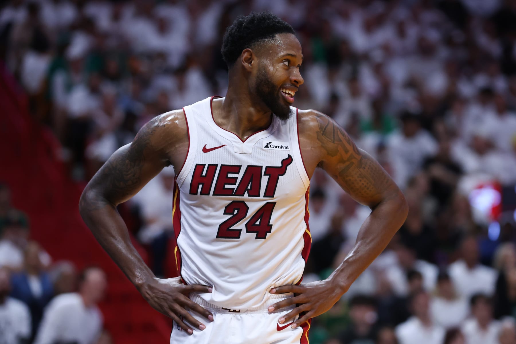MIAMI, FLORIDA - APRIL 29: Haywood Highsmith #24 of the Miami Heat reacts during the second quarter against the Boston Celtics in game four of the Eastern Conference First Round Playoffs at Kaseya Center on April 29, 2024 in Miami, Florida.  NOTE TO USER: User expressly acknowledges and agrees that, by downloading and or using this photograph, User is consenting to the terms and conditions of the Getty Images License Agreement. (Photo by Megan Briggs/Getty Images)