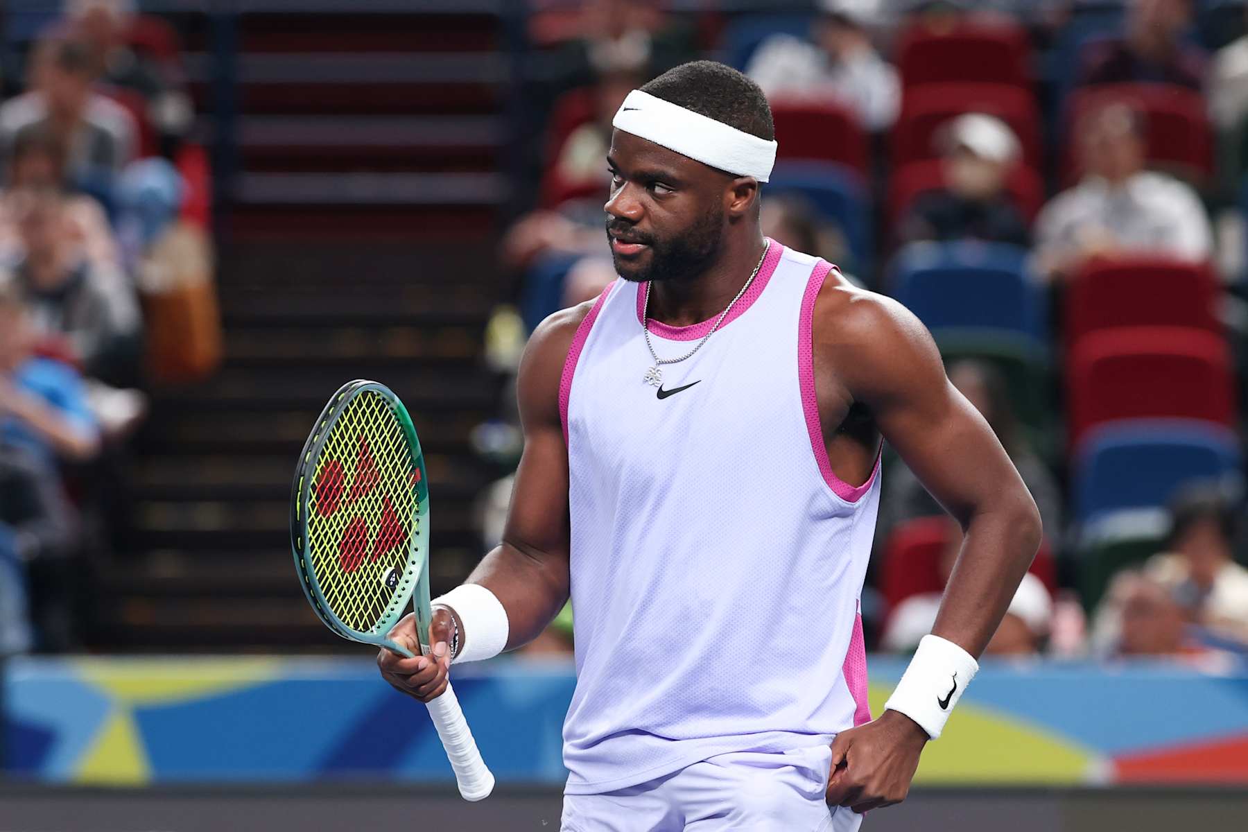 SHANGHAI, CHINA - OCTOBER 07: Frances Tiafoe of the United States reacts in the Men's singles 2nd Round match against Yi Zhou of China on Day 8 of 2024 Shanghai Rolex Masters at Qi Zhong Tennis Centre on October 07, 2024 in Shanghai, China. (Photo by Zhe Ji/Getty Images)