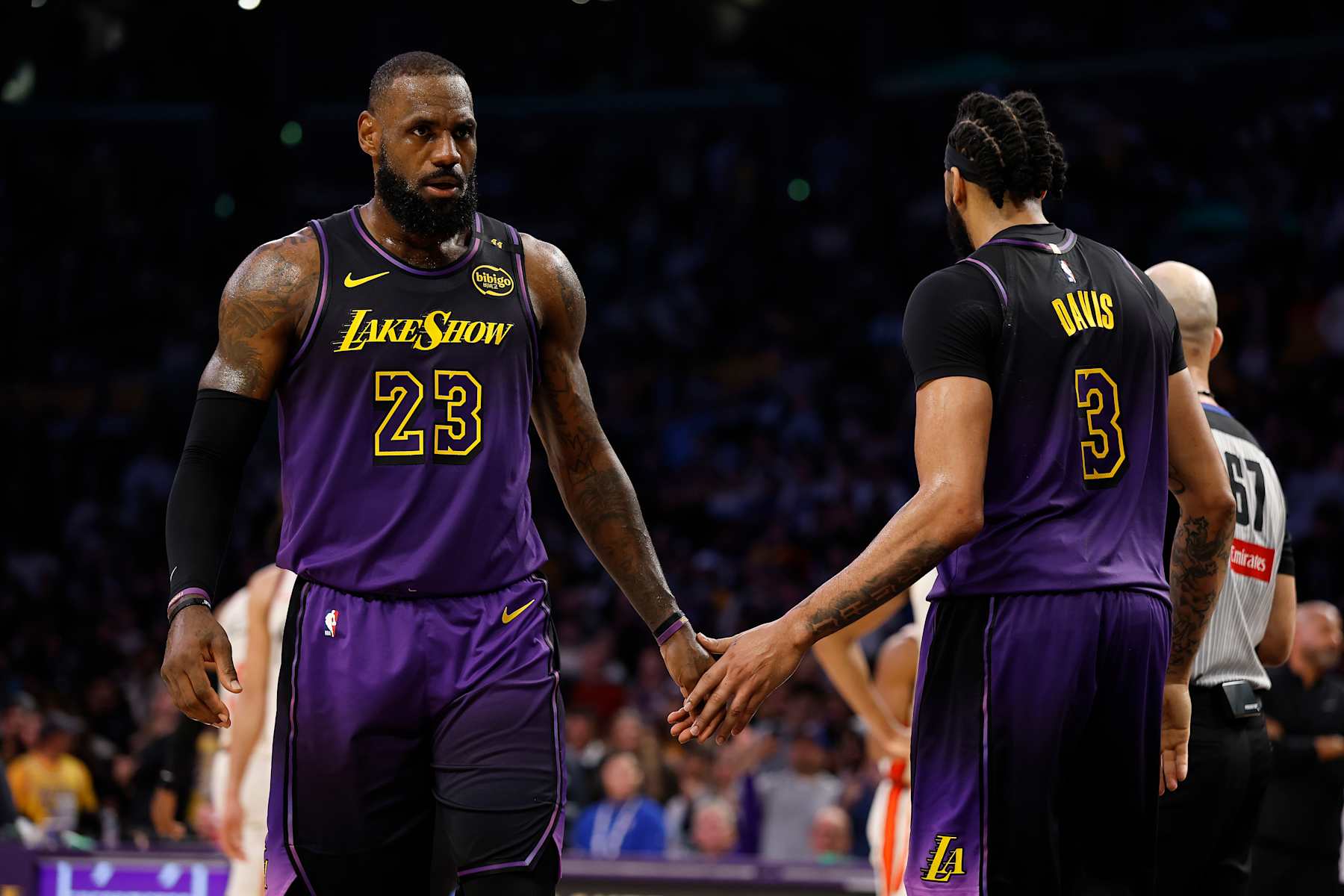 LOS ANGELES, CALIFORNIA - DECEMBER 23:  LeBron James #23 and Anthony Davis #3 of the Los Angeles Lakers at Crypto.com Arena on December 23, 2024 in Los Angeles, California.  NOTE TO USER: User expressly acknowledges and agrees that, by downloading and or using this photograph, User is consenting to the terms and conditions of the Getty Images License Agreement. (Photo by Ronald Martinez/Getty Images)