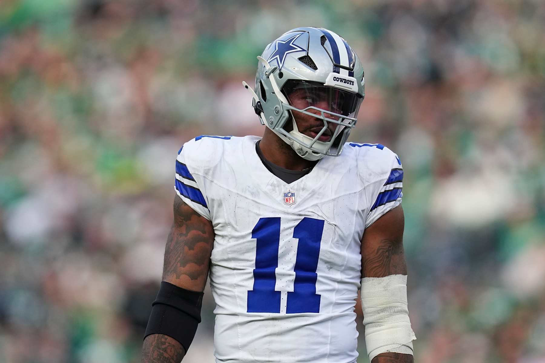 PHILADELPHIA, PENNSYLVANIA - DECEMBER 29: Micah Parsons #11 of the Dallas Cowboys looks on against the Philadelphia Eagles at Lincoln Financial Field on December 29, 2024 in Philadelphia, Pennsylvania. (Photo by Mitchell Leff/Getty Images)