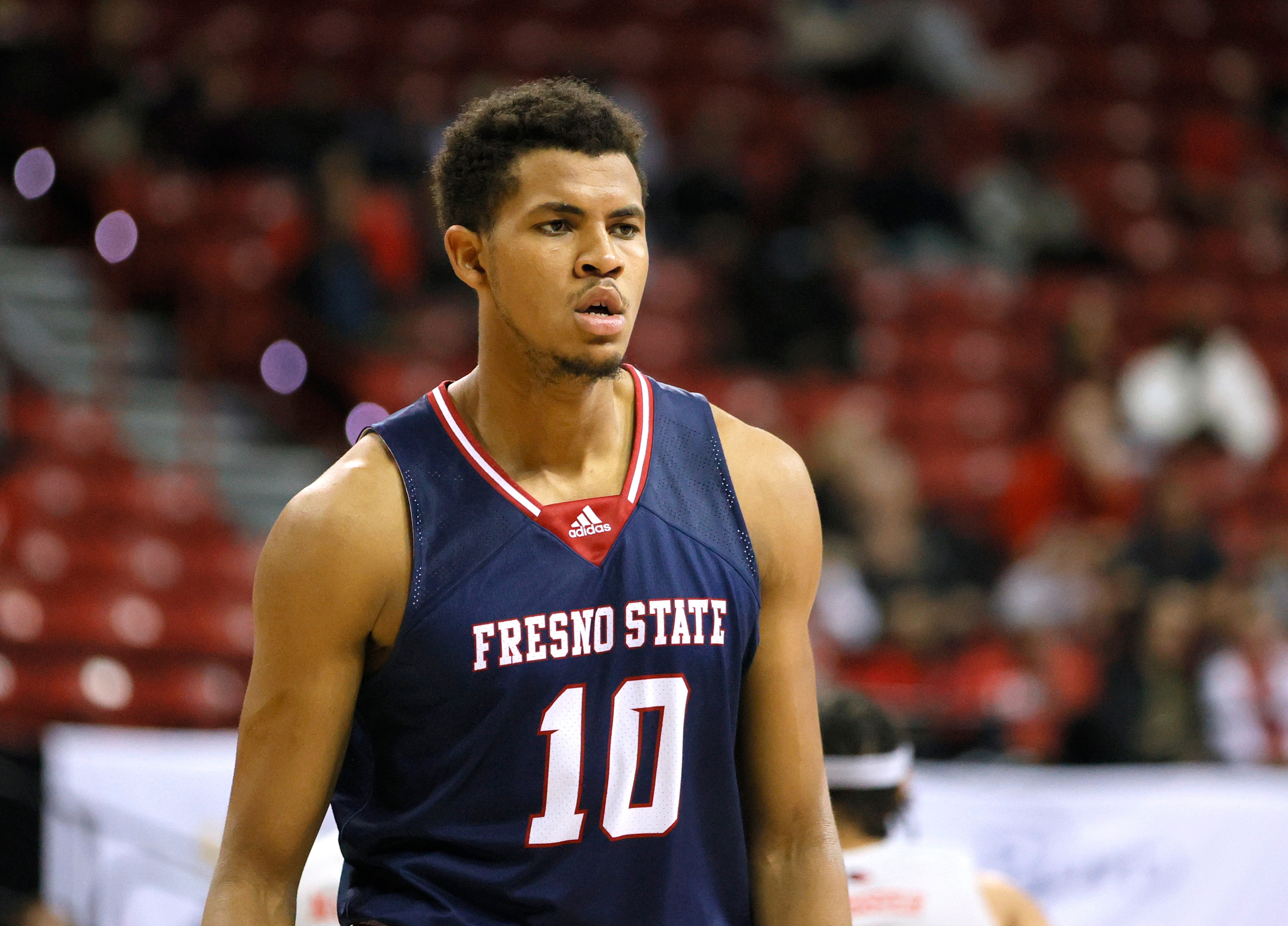 LAS VEGAS, NEVADA - JANUARY 14:  Orlando Robinson #10 of the Fresno State Bulldogs walks on the court during a game against the UNLV Rebels at the Thomas & Mack Center on January 14, 2022 in Las Vegas, Nevada. The Bulldogs defeated the Rebels 73-68.  (Photo by Ethan Miller/Getty Images)