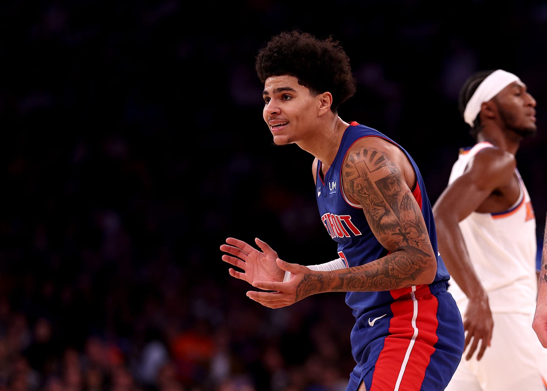 NEW YORK, NEW YORK - NOVEMBER 30:  Killian Hayes #7 of the Detroit Pistons reacts after he is called for a foul in the first half against the New York Knicks at Madison Square Garden on November 30, 2023 in New York City. NOTE TO USER: User expressly acknowledges and agrees that, by downloading and or using this photograph, User is consenting to the terms and conditions of the Getty Images License Agreement. (Photo by Elsa/Getty Images)