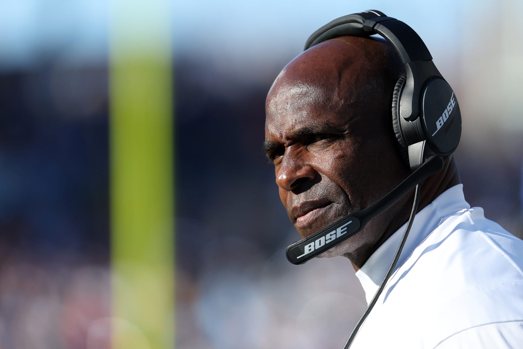 NASHVILLE, TENNESSEE - DECEMBER 12: Assistant head coach and inside linebacker coach Charlie Strong of the Jacksonville Jaguars looks on against the Tennessee Titans during the seocnd half at Nissan Stadium on December 12, 2021 in Nashville, Tennessee. (Photo by Andy Lyons/Getty Images)